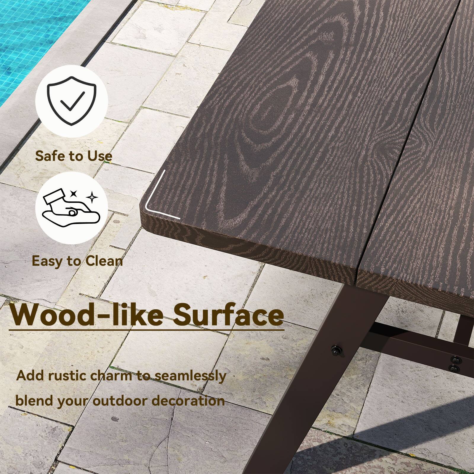 The text on the image reads: "Safe to Use Easy to Clean Wood-like Surface Add rustic charm to seamlessly blend your outdoor decoration."
