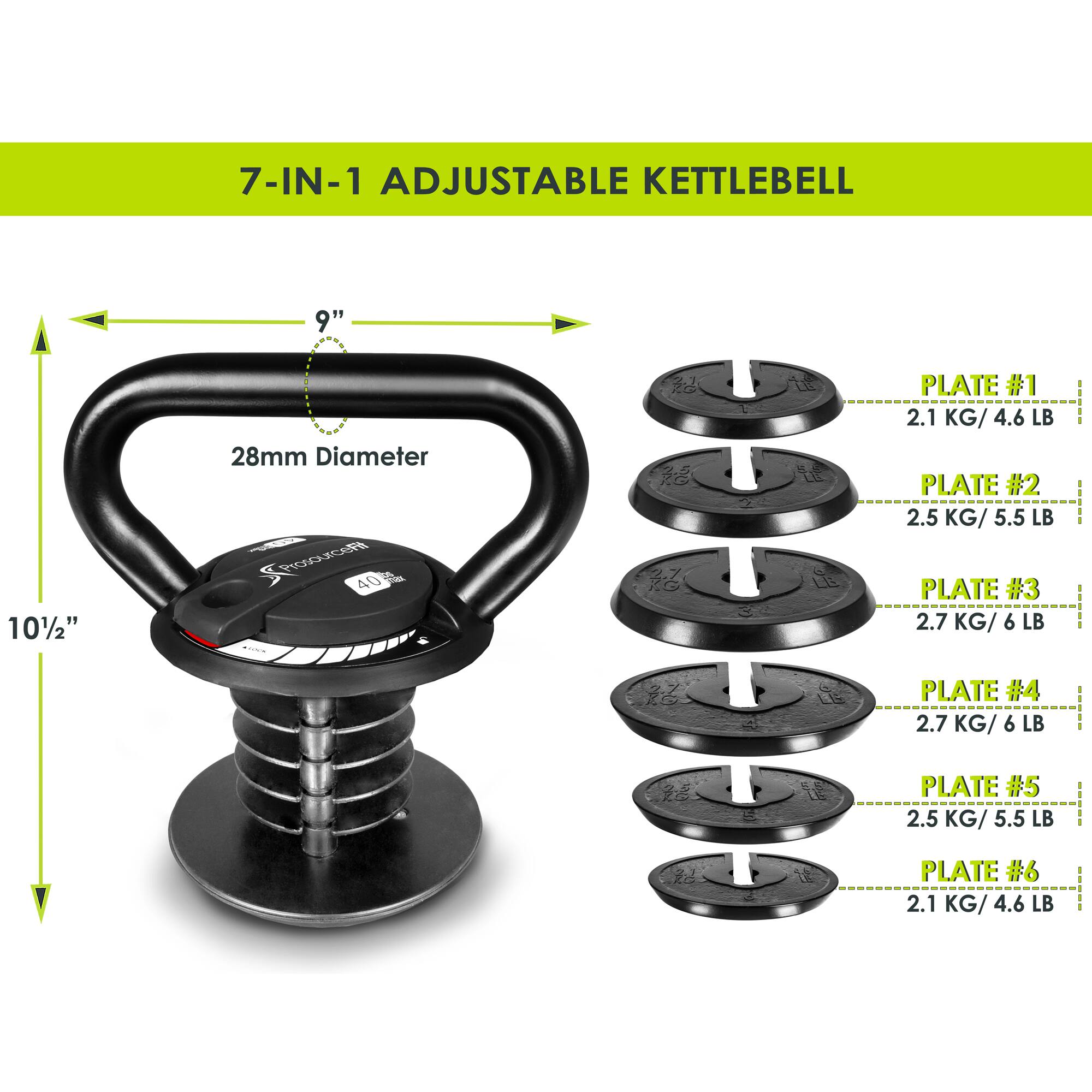 7-IN-1 ADJUSTABLE KETTLEBELL 9" 10½" 28mm Diameter ProGuICG 40 - -.   PLATE #1 2.1 KG/4.6 LB PLATE #2 2.5 KG/ 5.5 LB PLATE #3 2.7 KG/ 6 LB PLATE #4 2.7 KG/ 6 LB PLATE #5 2.5 KG/ 5.5 LB PLATE #6 2.1 KG/ 4.6 LB