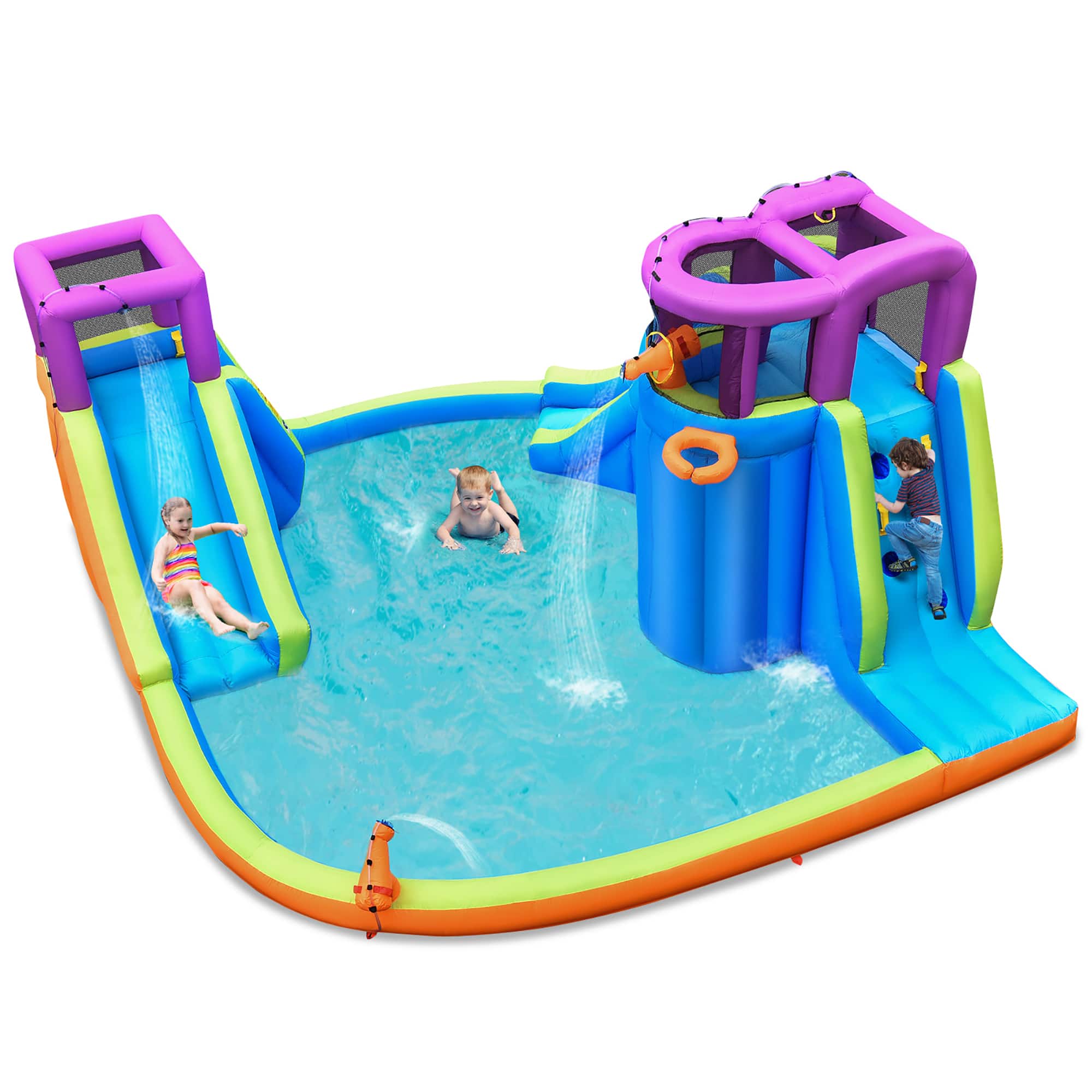 Front. Costway - 6 in 1 Inflatable Dual Slide Water Park Climbing Bouncer Without Blower - Multicolor.