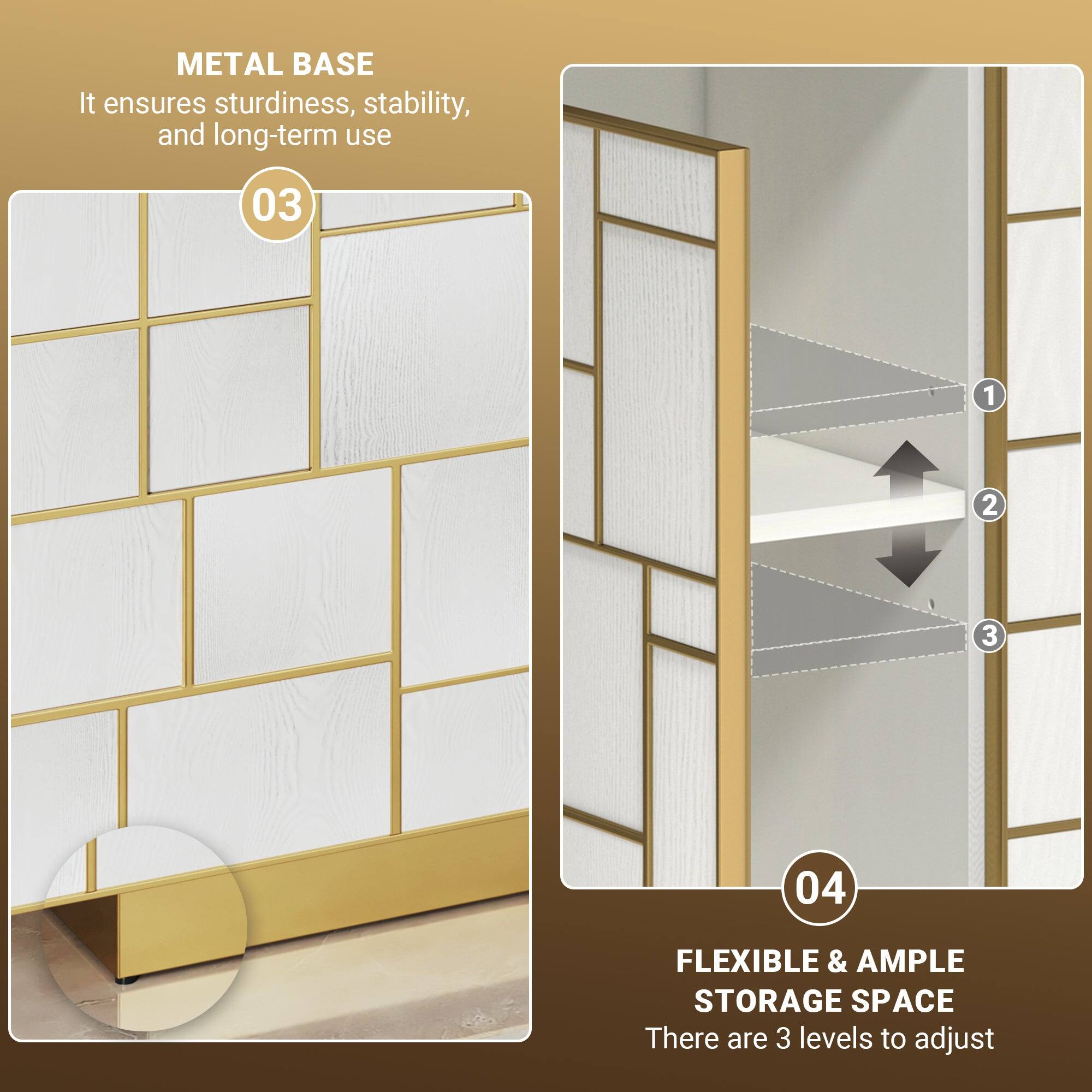 METAL BASE  
It ensures sturdiness, stability, and long-term use  

03  

FLEXIBLE & AMPLE STORAGE SPACE  
There are 3 levels to adjust