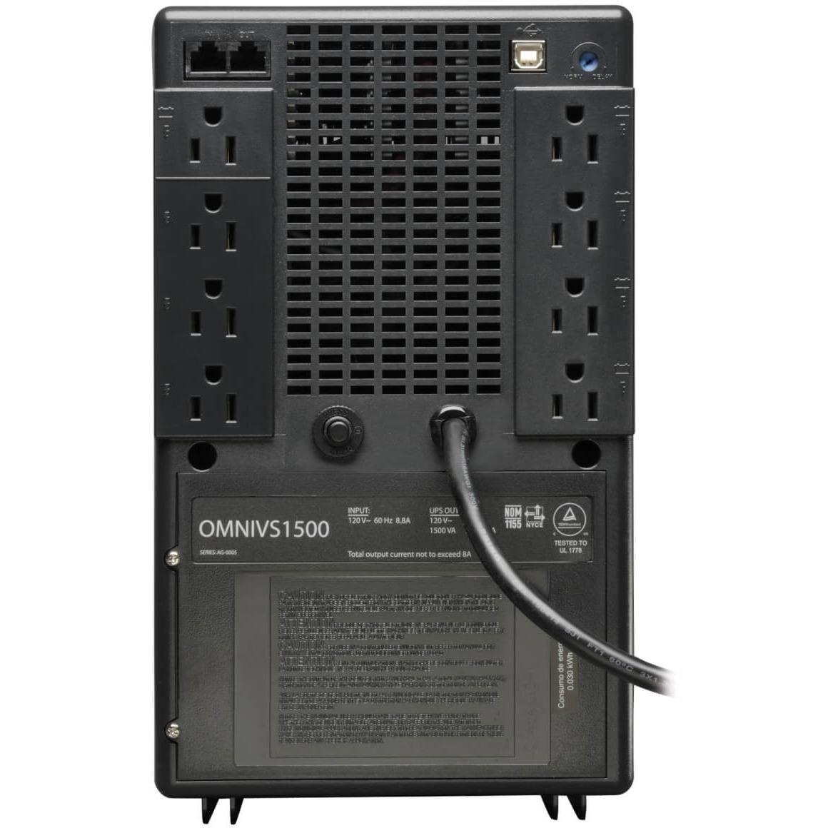 INPUT: 120V - 60 Hz, 8.8A  
OMNIVS1500  
500 VA  
1500 VA  
SERIES AG 6005  
Total output current not to exceed 8A  
OUTPUT: 120V - 60 Hz, 8.8A  
UPS OUT: 120V - 1500 VA  
NOMINAL: 1155  
TESTED TO: UL 1778  
Consumo: 68-8  
NICE TESTED