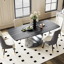 POVISON - 79" Modern Minimalist Dining Table for 6-8, Balck Rectangular Matte Sintered Stone Tabletop, Dark Gray Carbon Steel Leg - Matte Black Sintered Stone with Gray