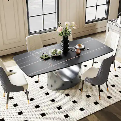 Front. POVISON - 79" Modern Minimalist Dining Table for 6-8, Balck Rectangular Matte Sintered Stone Tabletop, Dark Gray Carbon Steel Leg - Matte Black Sintered Stone with Gray.