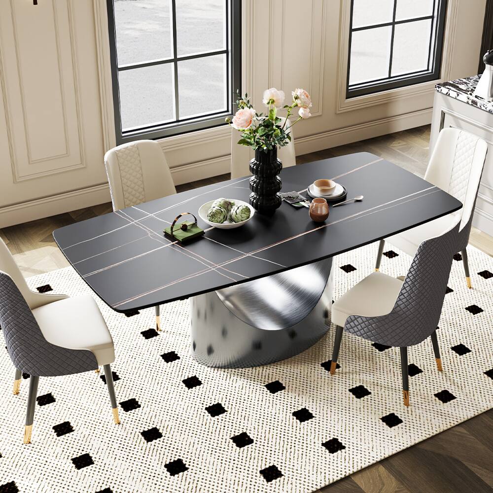 Front. POVISON - 79" Modern Minimalist Dining Table for 6-8, Balck Rectangular Matte Sintered Stone Tabletop, Dark Gray Carbon Steel Leg - Matte Black Sintered Stone with Gray.