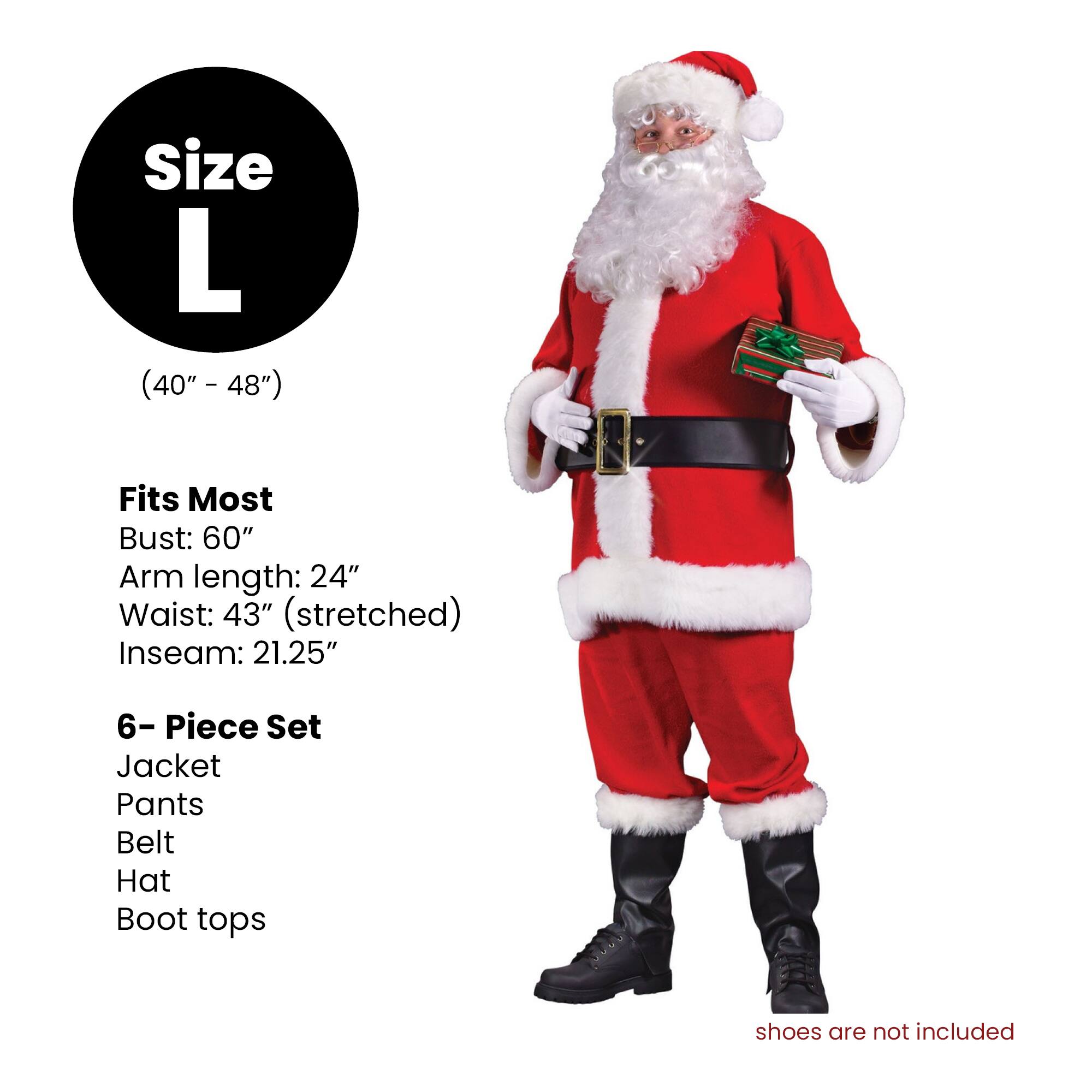 Size L (40" - 48")  
Fits Most  
Bust: 60"  
Arm length: 24"  
Waist: 43" (stretched)  
Inseam: 21.25"  

6-Piece Set  
Jacket  
Pants  
Belt  
Hat  
Boot tops  

Shoes are not included