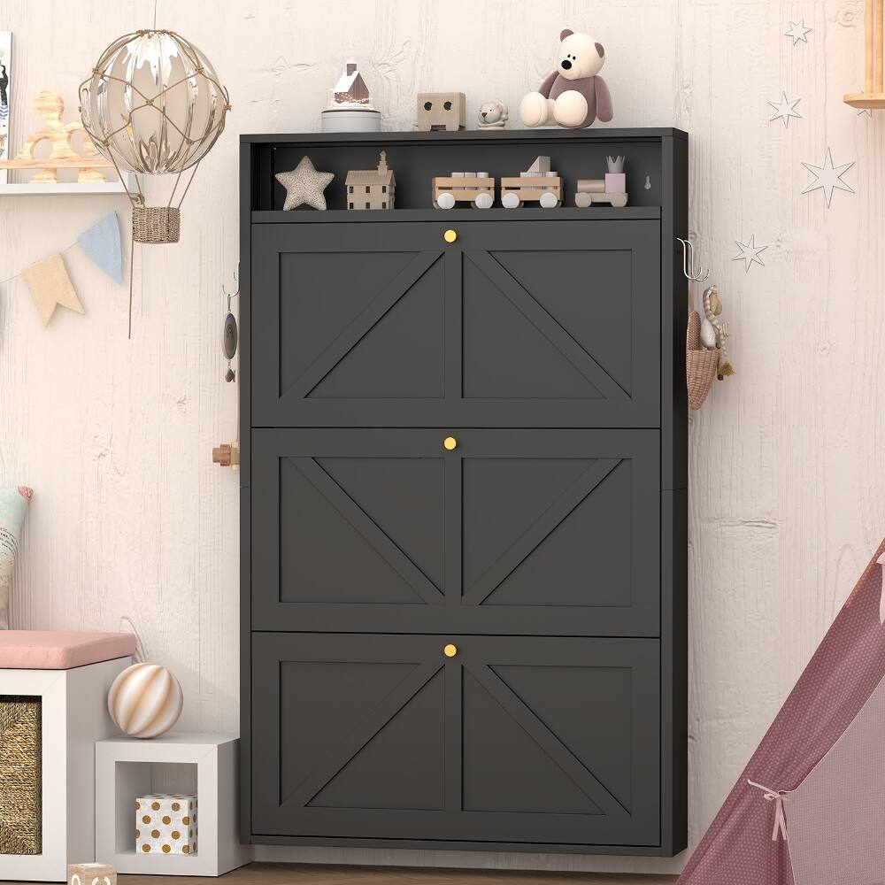 Back. Loheer - Loheer Black Metal Shoe Cabinet, Wall Mounted Shoe Organizer, Narrow Slim Hidden Shoe Rack - Black.