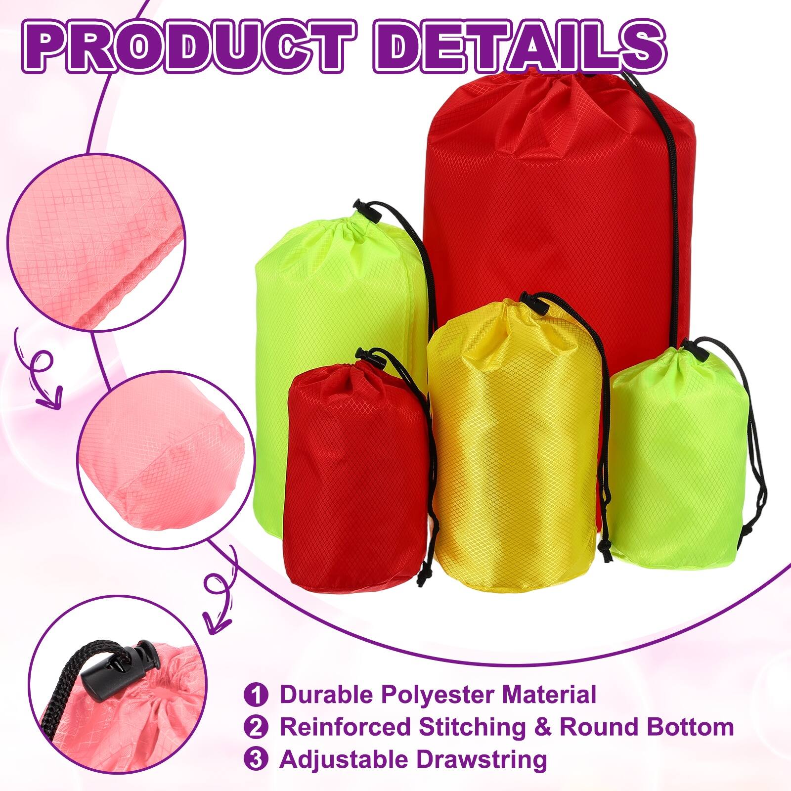 PRODUCT DETAILS

1. Durable Polyester Material
2. Reinforced Stitching & Round Bottom
3. Adjustable Drawstring