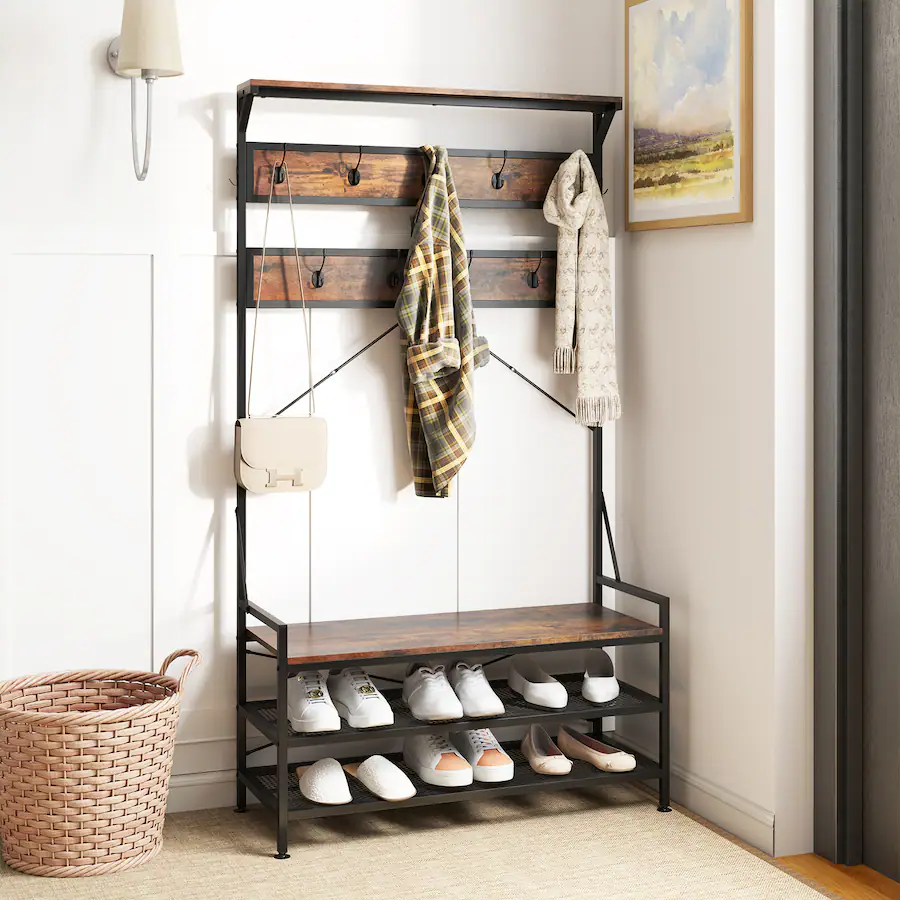 Costway Coat Rack 4 In 1 Hall Tree with 11 Hanging Hooks, Shoe Bench, 2 ...