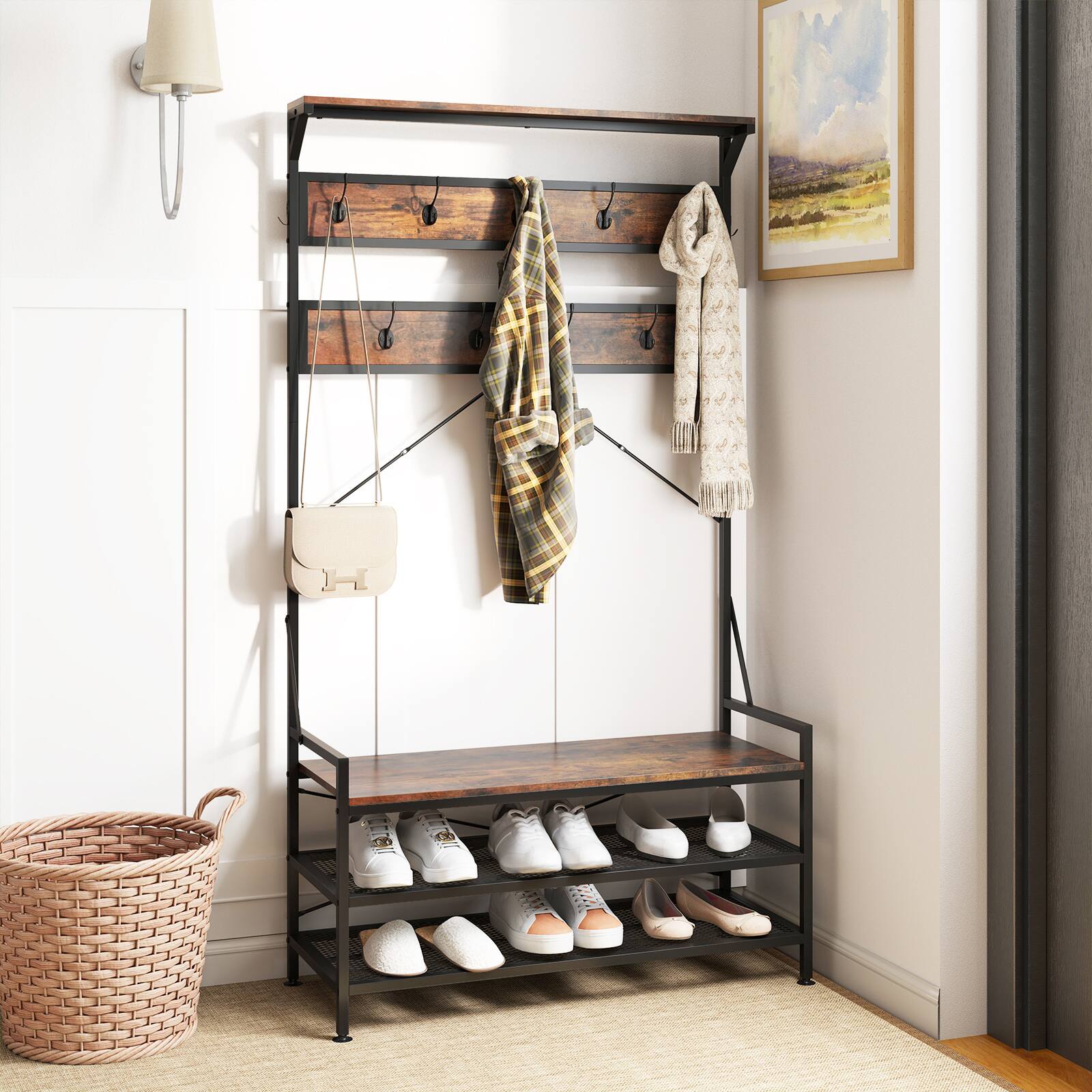 Alt View 1. Costway - Costway Coat Rack 4-In-1 Hall Tree with 11 Hanging Hooks, Shoe Bench, 2-Tier Shoe Rack, Brown - Brown.