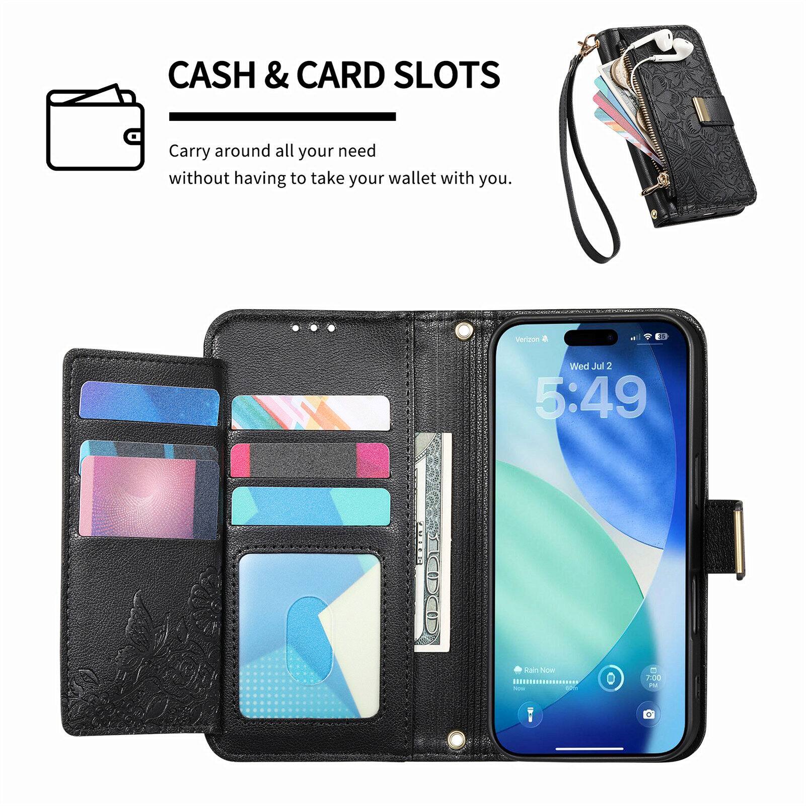 CASH & CARD SLOTS  
Carry around all your need without having to take your wallet with you.  

Vertzoe a - Wed Jul 2 5:49  
EISE wan Now | - 0 - 7:00 P I O