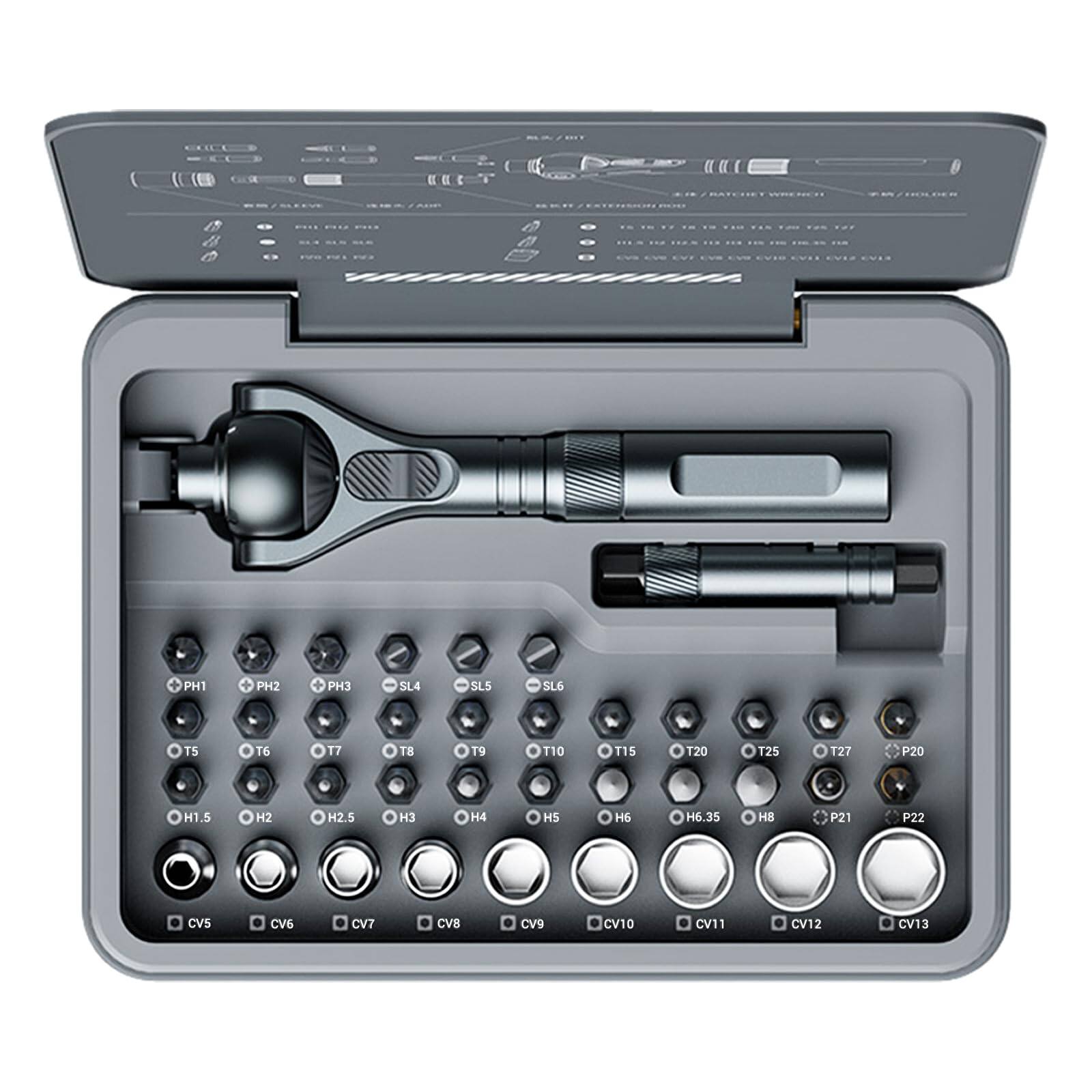 Sure, here is the corrected and grouped text:

- PH1
- PH2
- PH3
- SL4
- SL5
- SL6
- T5
- T6
- T7
- T8
- T9
- T10
- T15
- T20
- T25
- T27
- P20
- H1.5
- H2
- H2.5
- H3
- H4
- H5
- H6
- H6.35
- H8
- P21
- P22
- CV5
- CV6
- CV7
- CV8
- CV9
- CV10
- CV11
- CV12
- CV13