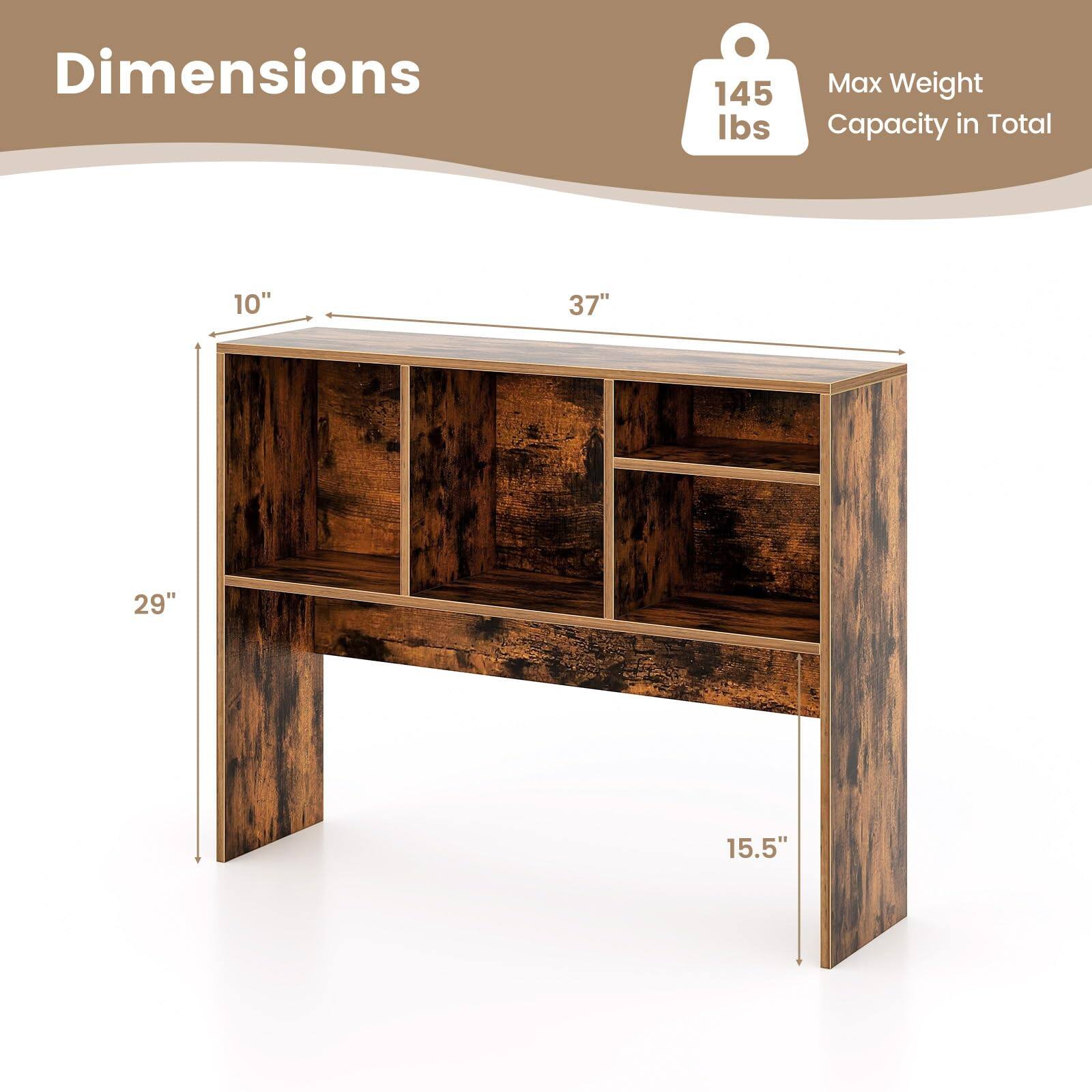 Dimensions: 145 lbs max weight capacity in total. 10" x 37" x 29" x 15.5".