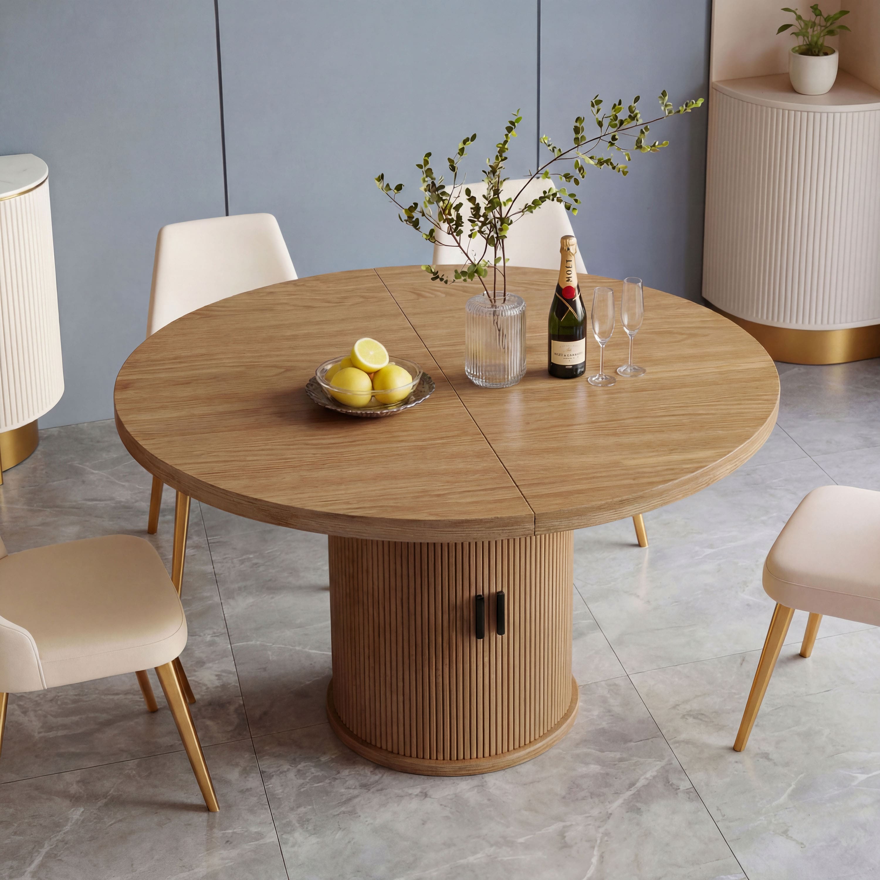 Dyonery - 35 circular four-person dining table, a modern type with double-layer storage space and sliding doors - Walnut