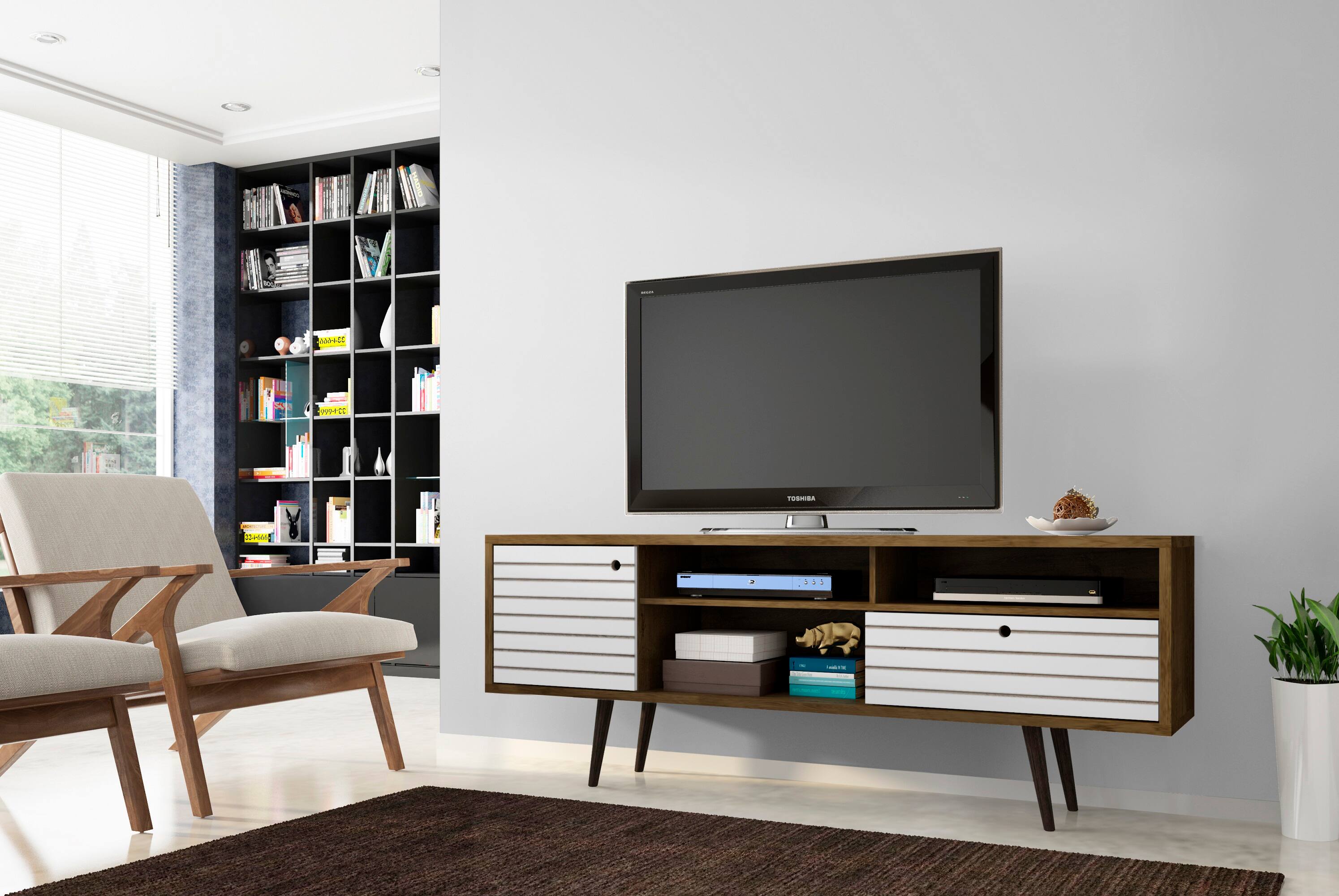 Angle. TinyHomie - 71in TV Stand in Rustic Brown and White - Brown and White.