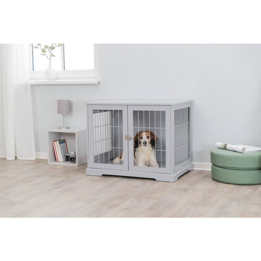 Left. TRIXIE - Dog Crate, Wooden Indoor Kennel Furniture for Dogs Up to 25 lb - Gray.