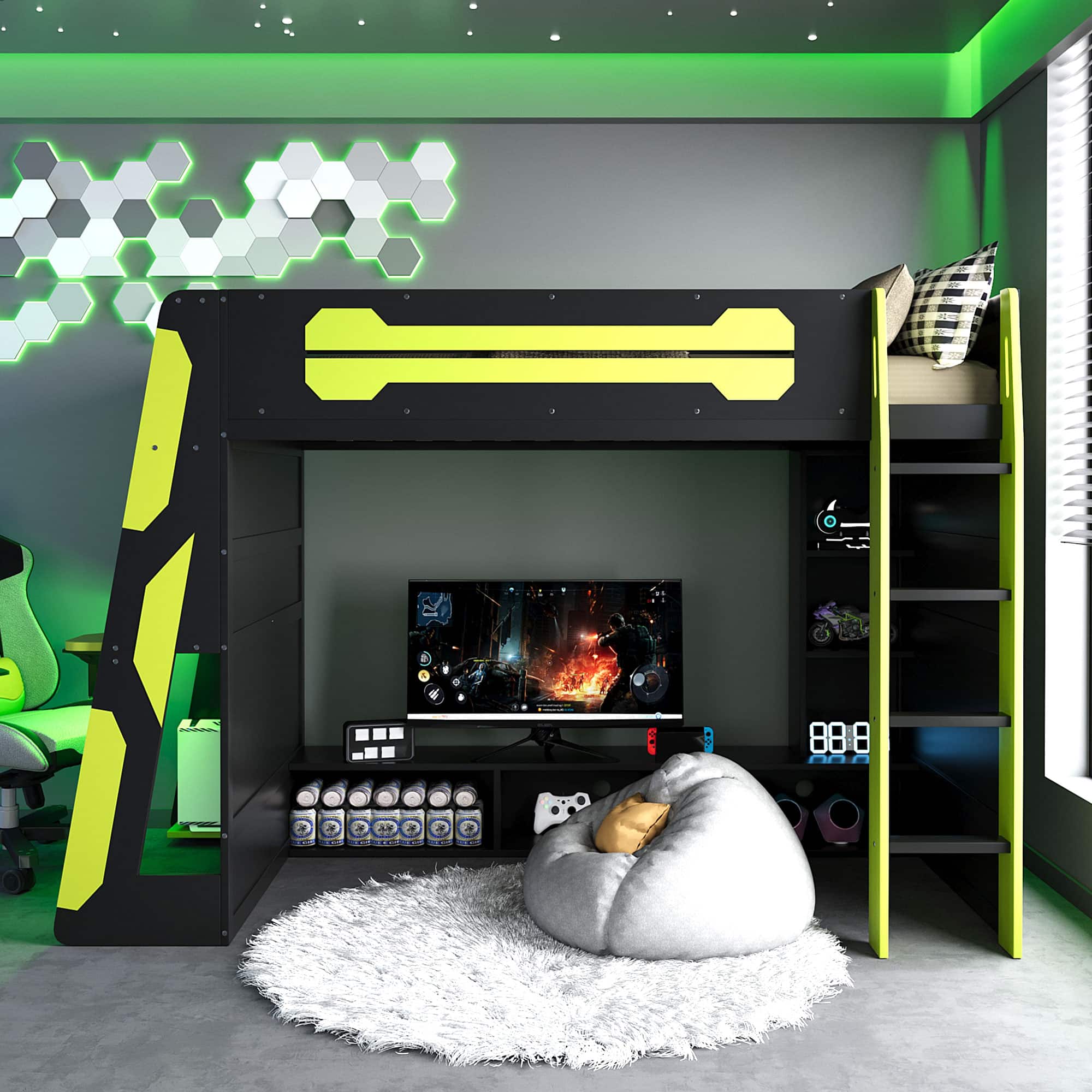 Anysun - Twin Size Wood Loft Bed with Desk, Multi-storage Shelves and RGB Light - Green