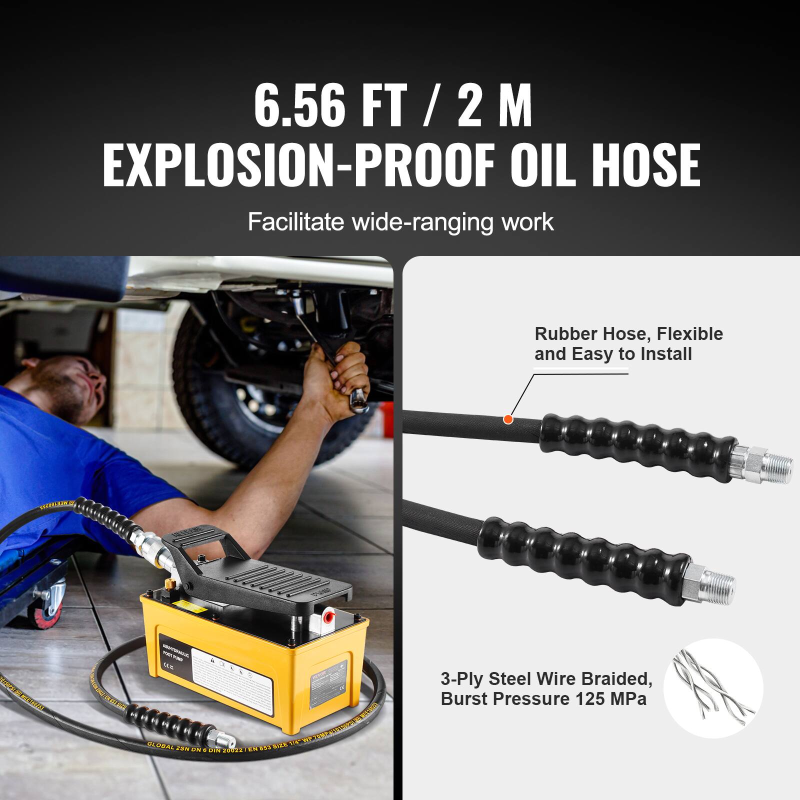 6.56 FT / 2 M EXPLOSION-PROOF OIL HOSE

Facilitate wide-ranging work

Rubber Hose, Flexible and Easy to Install

3-Ply Steel Wire Braided, Burst Pressure 125 MPa