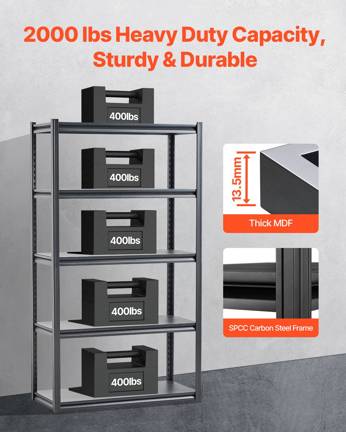 2000 lbs Heavy Duty Capacity, Sturdy & Durable
400lbs
400lbs
400lbs
400lbs
13.5mm Thick MDF
SPCC Carbon Steel Frame
