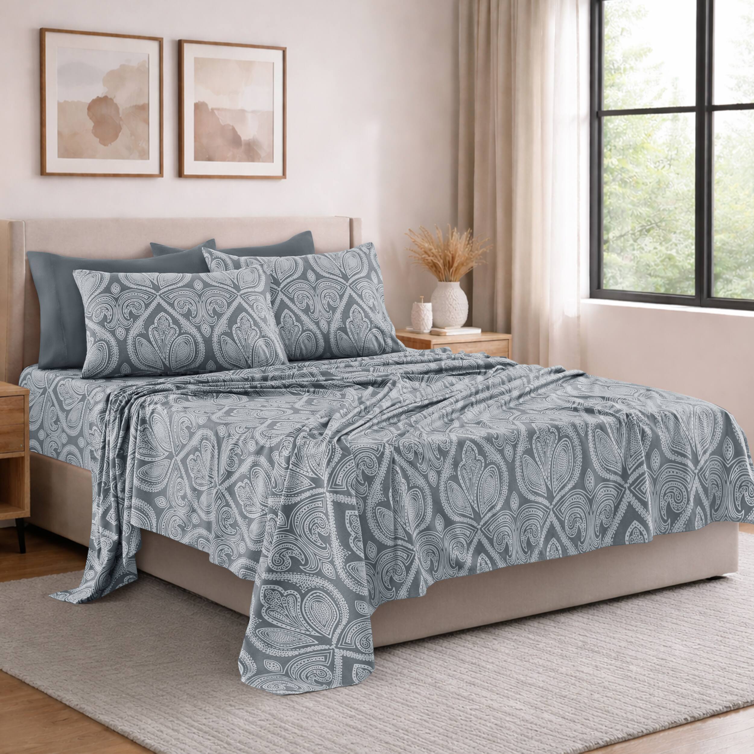 Angle. Lux Decor Collection - Lux Decor Collection 6-Piece Queen Sheet Set, Paisley Design Brushed Microfiber Deep Pocket Sheets - Gray.
