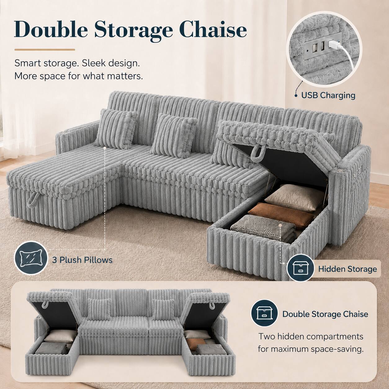 Double Storage Chaise

Smart storage. Sleek design. More space for what matters.

USB Charging

3 Plush Pillows

Hidden Storage

Double Storage Chaise

Two hidden compartments for maximum space-saving.