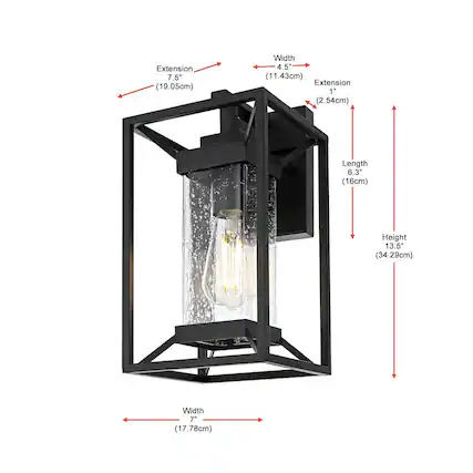 Extension 7.5" (19.05cm)
Width 4.5" (11.43cm)
Extension 1" (2.54cm)
Length 6.3" (16cm)
Height 13.5" (34.29cm)
Width 7" (17.78cm)