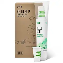 Perk - Eco Compostable Paper Hot Cup, 16 Oz., 300/Carton - White/Green