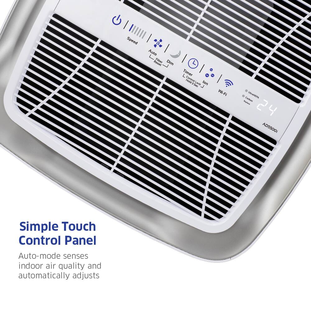 Speed Auto Reset Filter Dim L L Timer Hall3 ControlLack 3 295 Lock lon Wi-Fi Carboat UNISHEPA Replace 24 ADS500i Simple Touch Control Panel Auto-mode senses indoor air quality and automatically adjusts