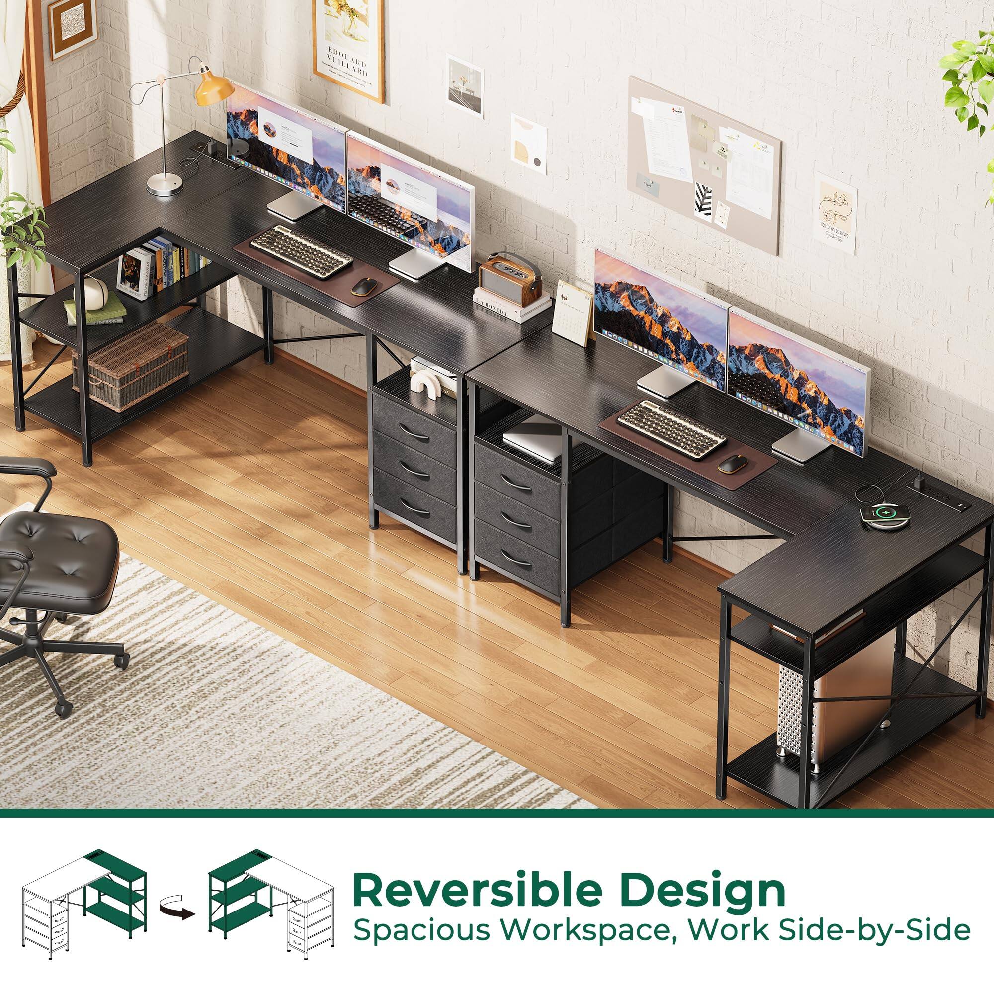 Reversible Design  
Spacious Workspace, Work Side-by-Side