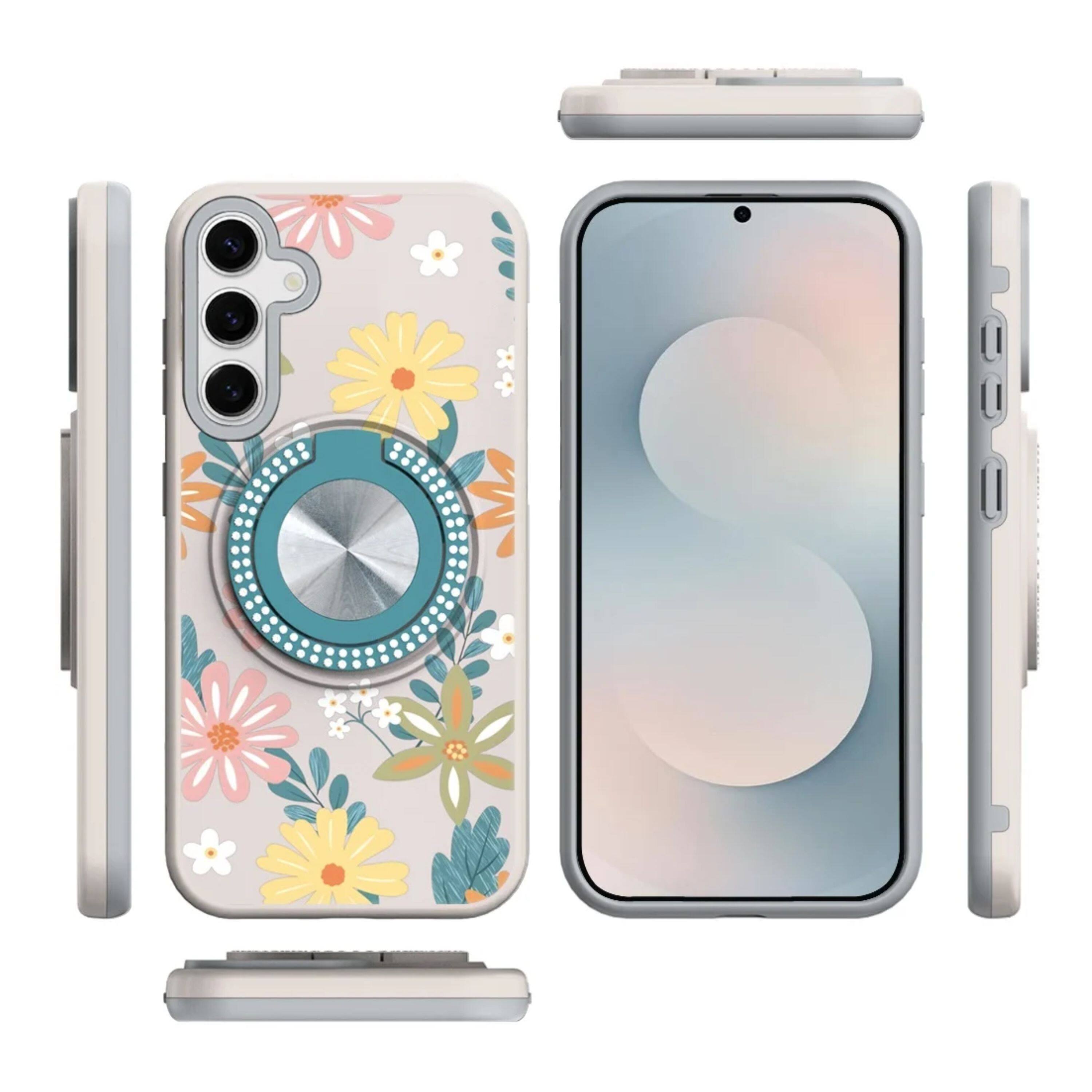 Angle. Kitcheniva - Printed Design Case With 360 Stand Tempered Glass For Samsung Galaxy S26+ Plus Floral E - Multicolor.