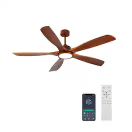 LUCKY ONE - 60" Low Profile Ceiling Fan with Light Remote 5 Wood Blades 6-Speed - Natural Wood