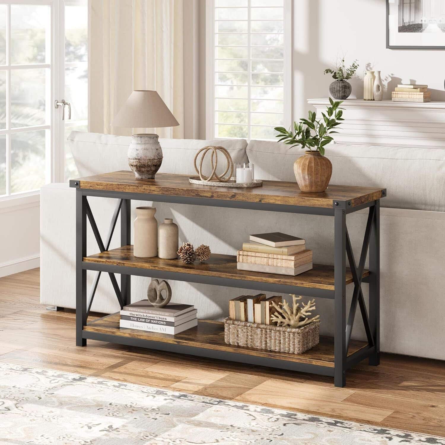 Acekool - Long Console Table, Wooden Fluted Entryway Table - Brown