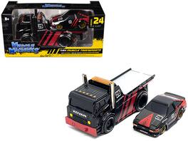Muscle Machines - JDM Flatbed Truck #25 Black/Red & 1983-85 Toyota Trueno Sprinter AE86 #25 Black/Red Advan Muscle Transports 1/64 - Black and Red