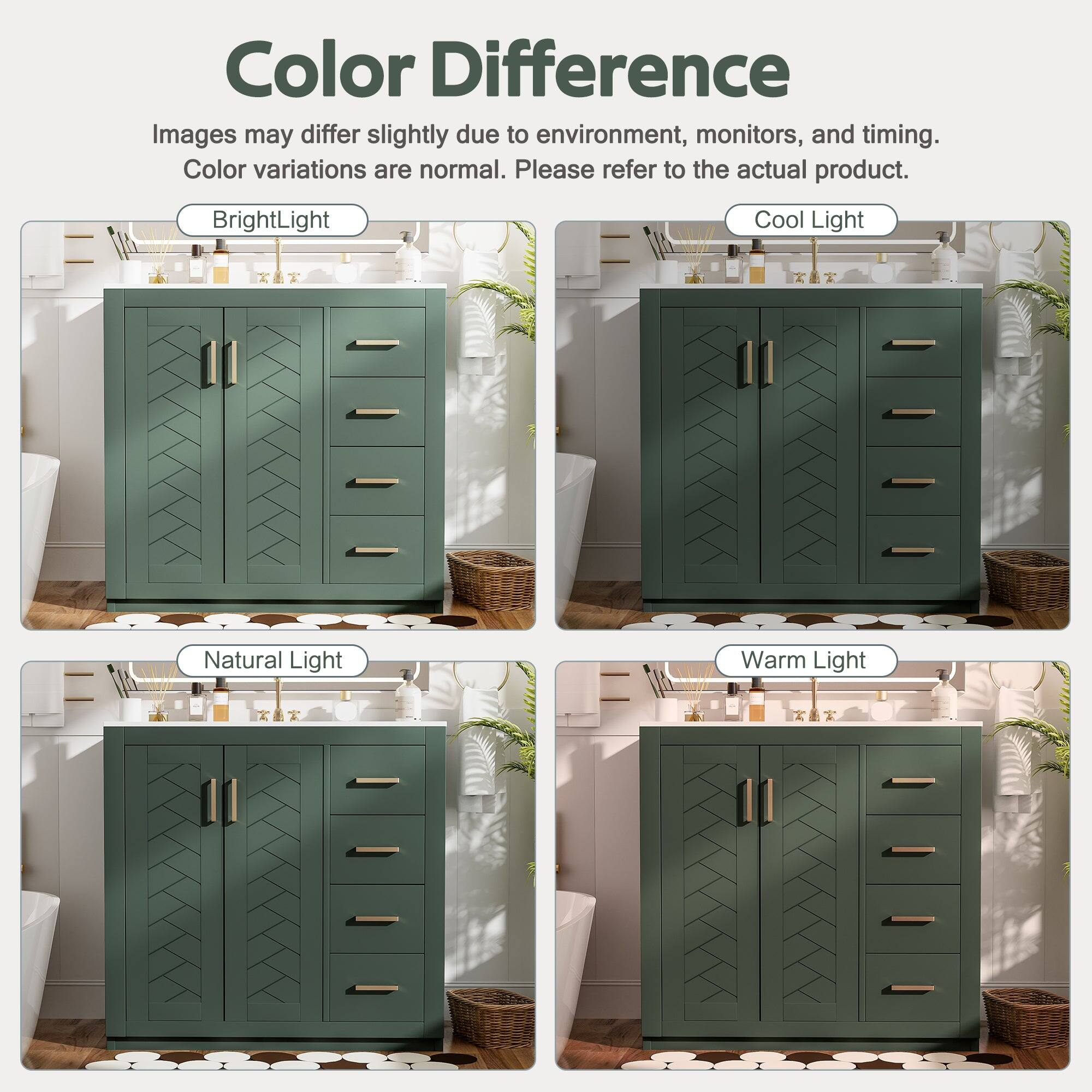 Color Difference  
Images may differ slightly due to environment, monitors, and timing. Color variations are normal. Please refer to the actual product.  

Bright Light  
Cool Light  
Natural Light  
Warm Light
