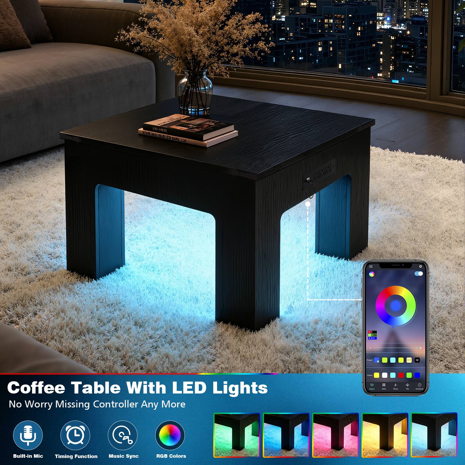 Coffee Table With LED Lights  
No Worry Missing Controller Any More  

- Built-in Mic  
- Timing Function  
- Music Sync  
- RGB Colors