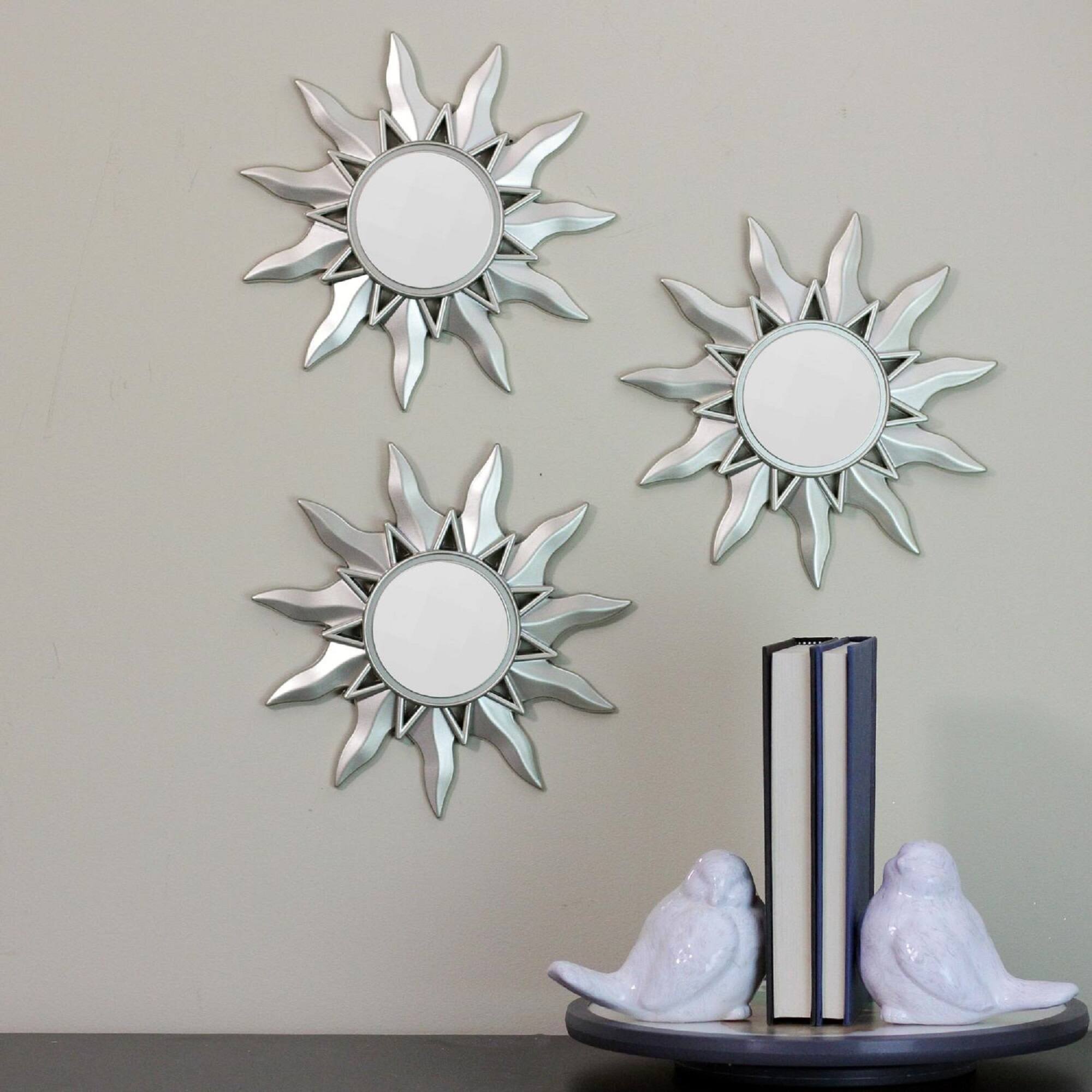 Alt View 3. Northlight - Set of 3 Mayan Sunburst Matte Silver Round Mirrors 9.5" - Gray.