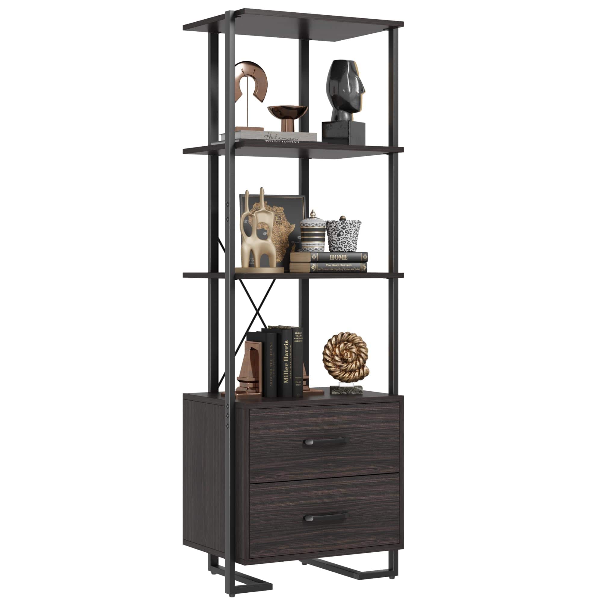 Babevy - Modern 3 Tier Bookcase with 2 Storage Drawers, Industrial Wood and Metal Standing Display Shelf Unit - Black