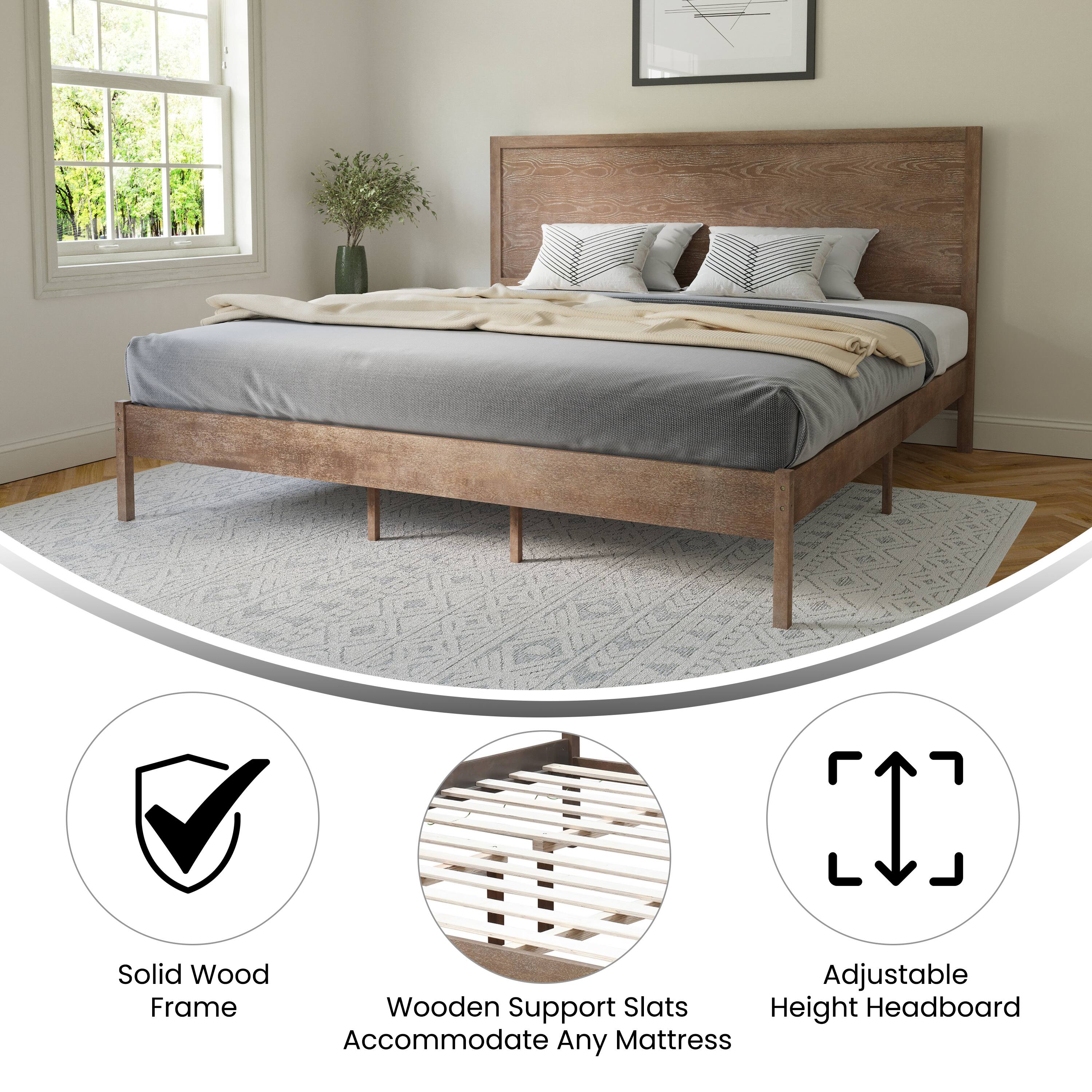 Solid Wood Adjustable Frame Wooden Support Slats Accommodate Any Mattress Height Headboard