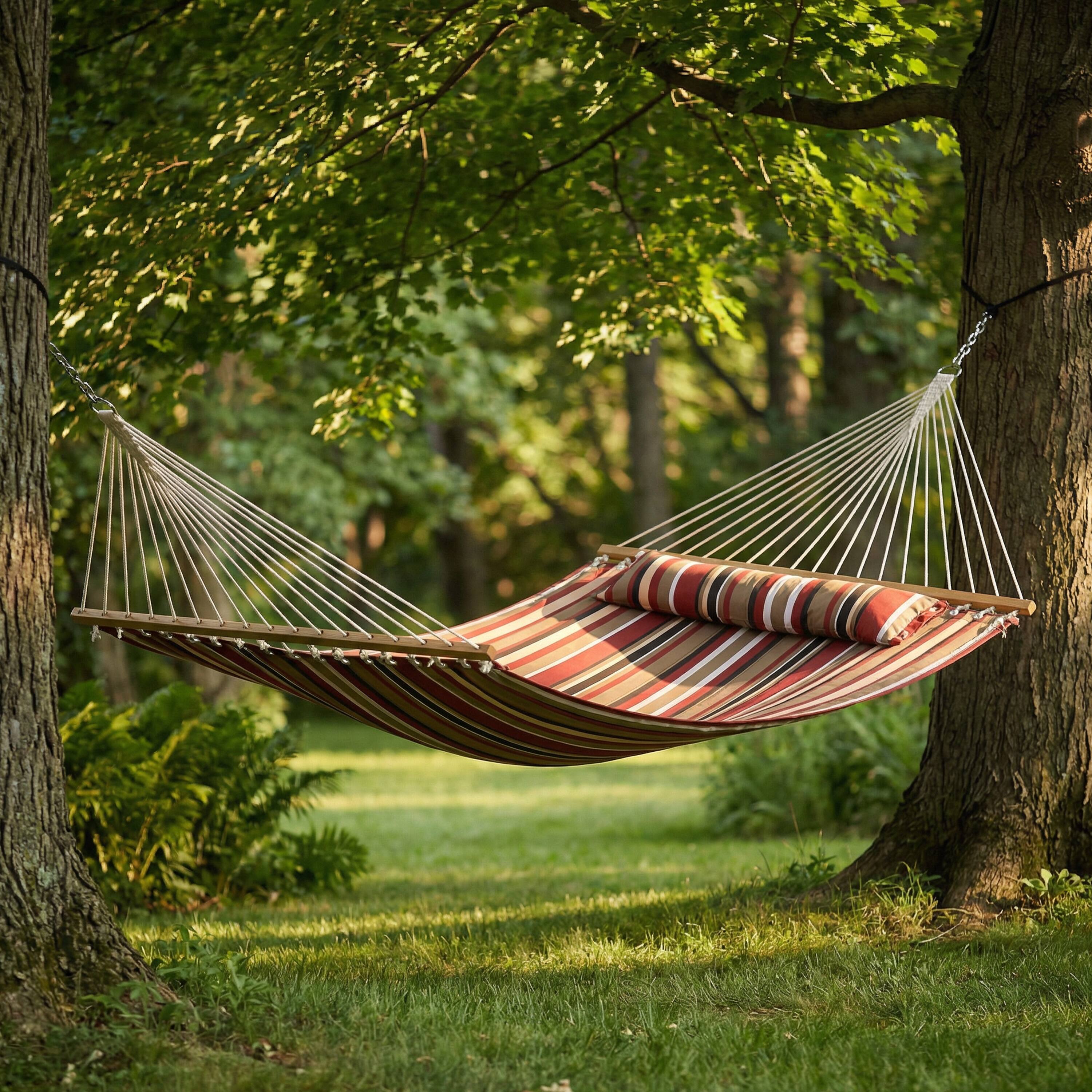 Alt View 7. Sunnydaze - Large Quilted Fabric Hammock with Spreader Bar and Pillow - Awning Stripe.