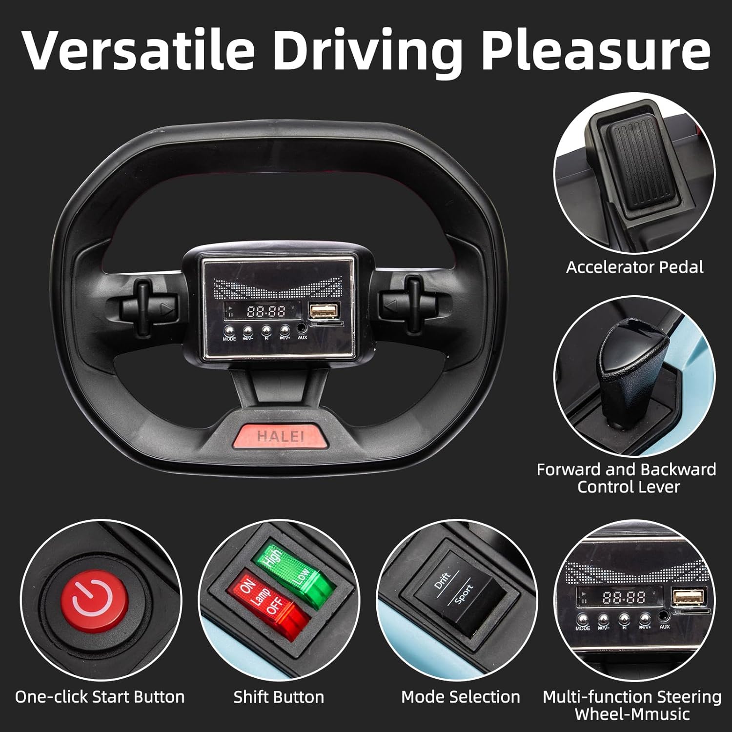 Versatile Driving Pleasure

- Accelerator Pedal
- Forward and Backward Control Lever
- One-click Start Button
- Shift Button
- Mode Selection
- Multi-function Steering Wheel-Music