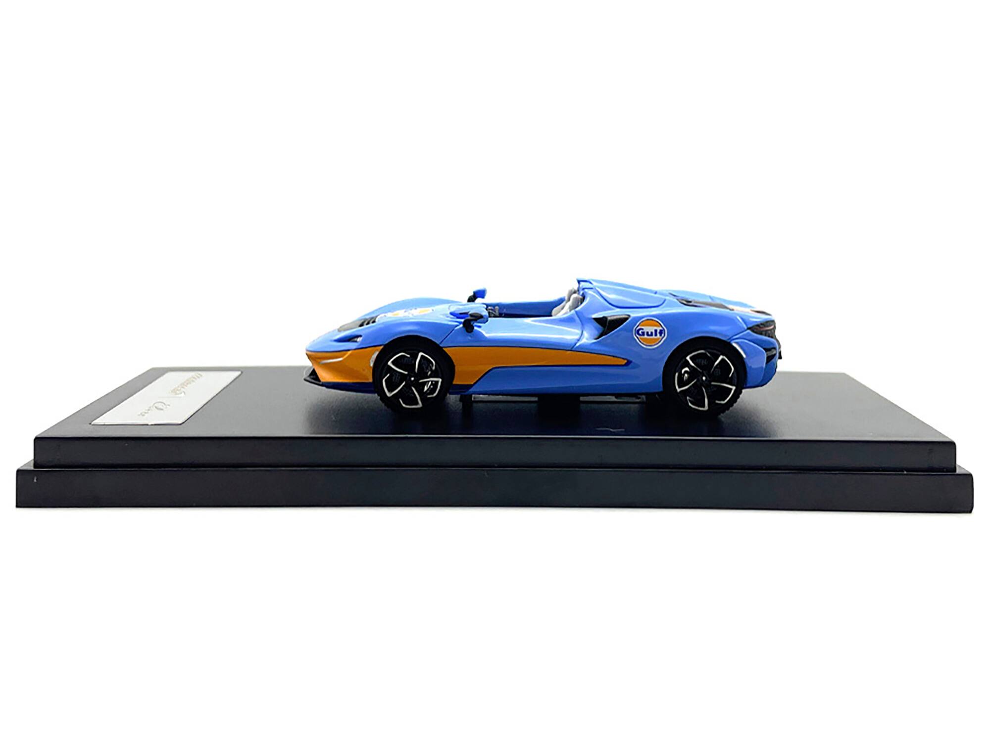 Angle. LCD Models - McLaren Elva Convertible Light Blue with Orange Accents "Gulf Oil" 1/64 Diecast Model Car by LCD Models - Light Blue with Orange.