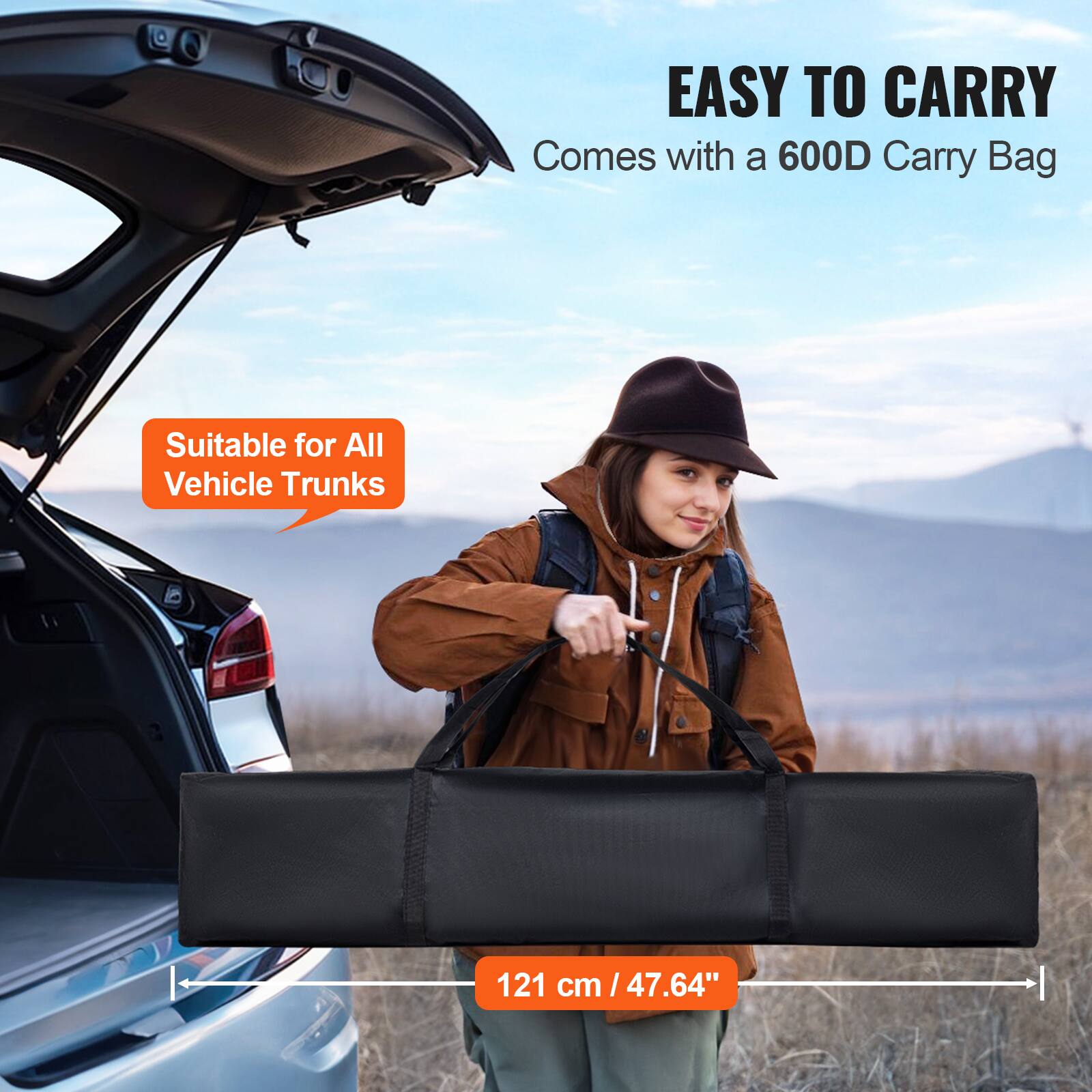 EASY TO CARRY  
Comes with a 600D Carry Bag  

Suitable for All Vehicle Trunks  

121 cm / 47.64"