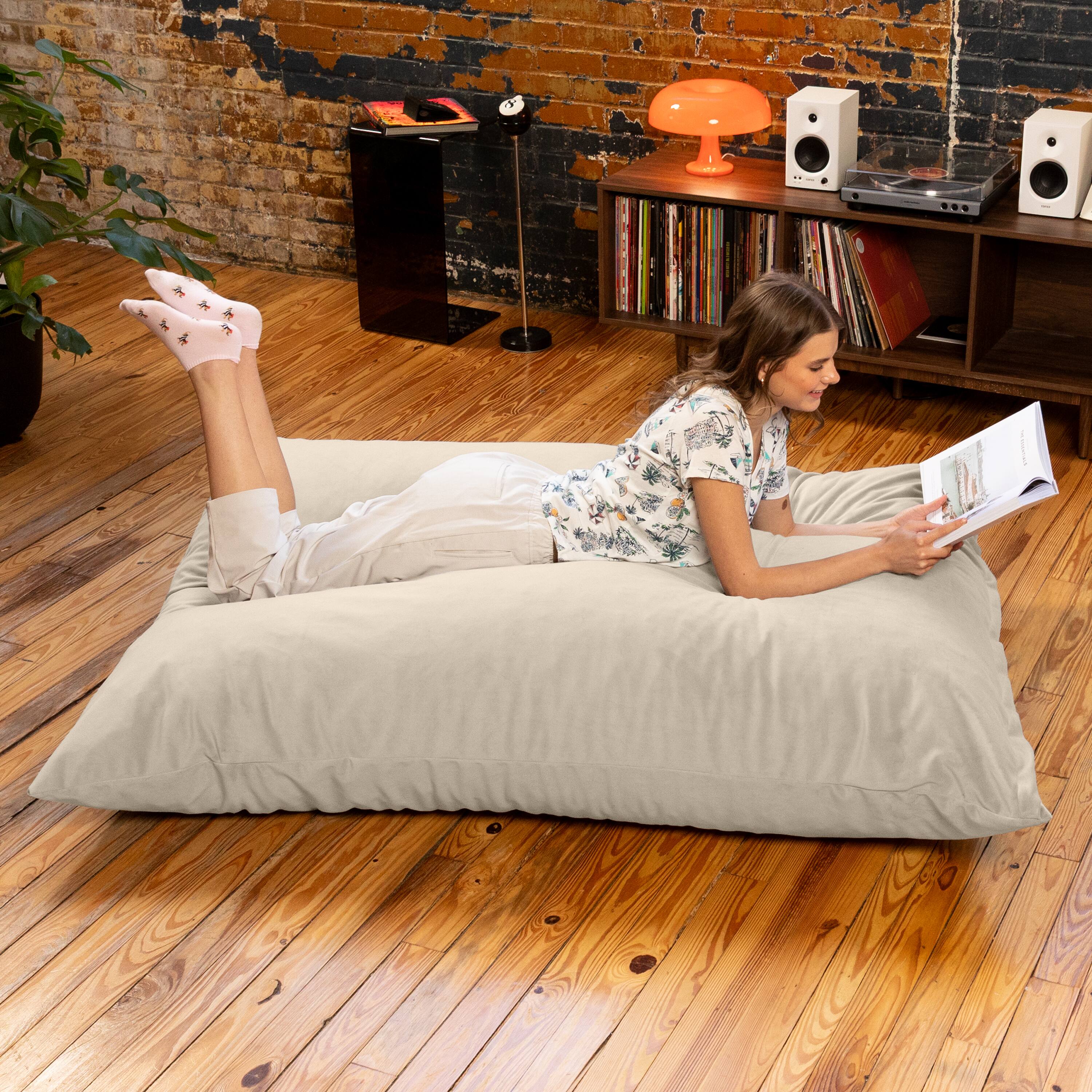 Alt View 1. Jaxx - Pillow Saxx Dream Lounger with Wood Frame - 3-in-1 Bean Bag Accent Chair, Recliner & Sleeper, Lush Velvet Ivory - Lush Velvet Ivory.
