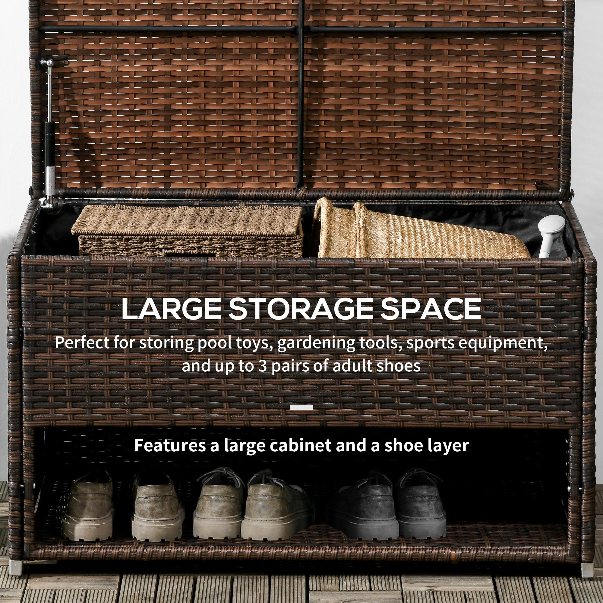 LARGE STORAGE SPACE
Perfect for storing pool toys, gardening tools, sports equipment, and up to 3 pairs of adult shoes
Features a large cabinet and a shoe layer