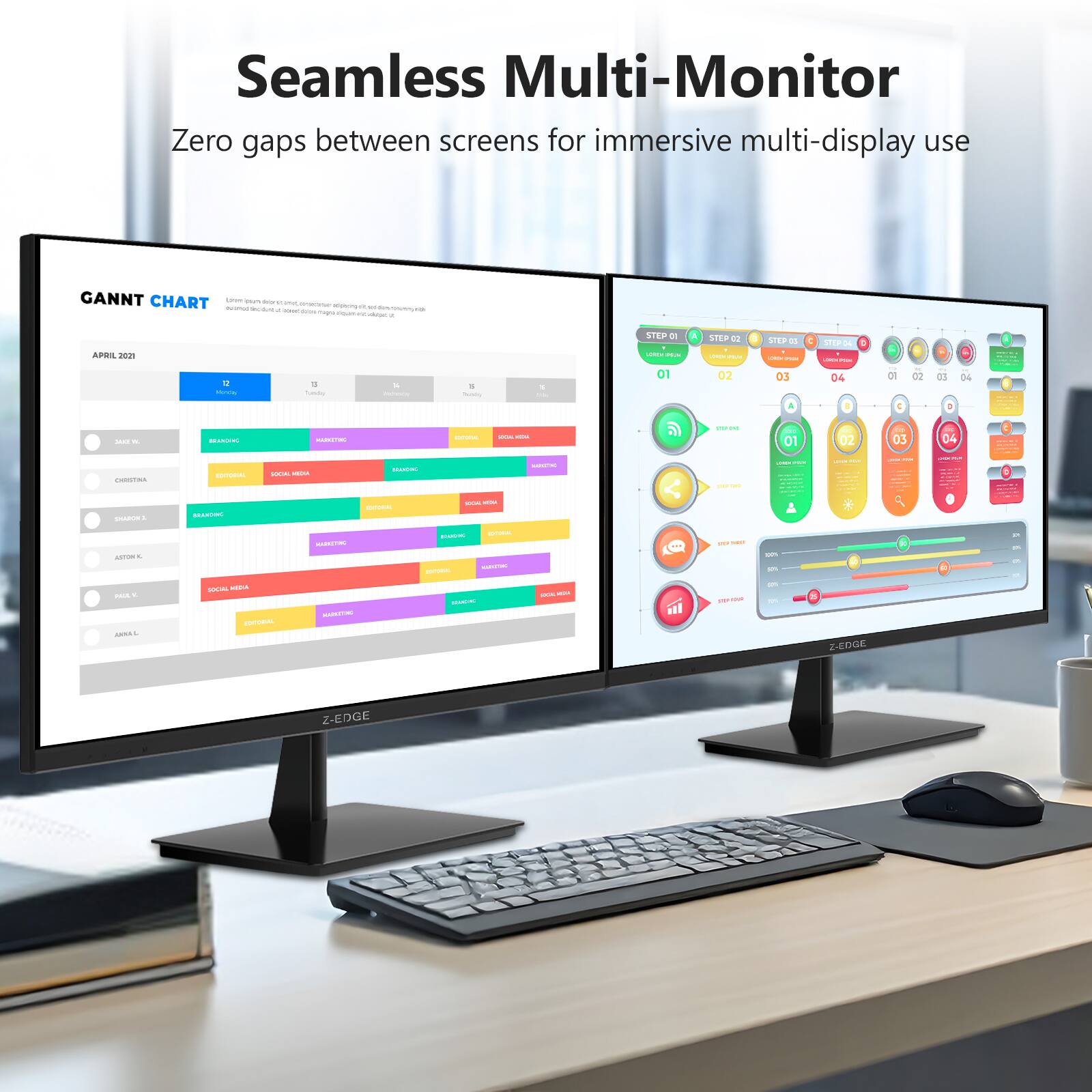 Seamless Multi-Monitor  
Zero gaps between screens for immersive multi-display use  

GANTT CHART  
APRIL 2021  

STEP 01  
STEP 02  
STEP 03  
STEP 04  

Z-EDGE