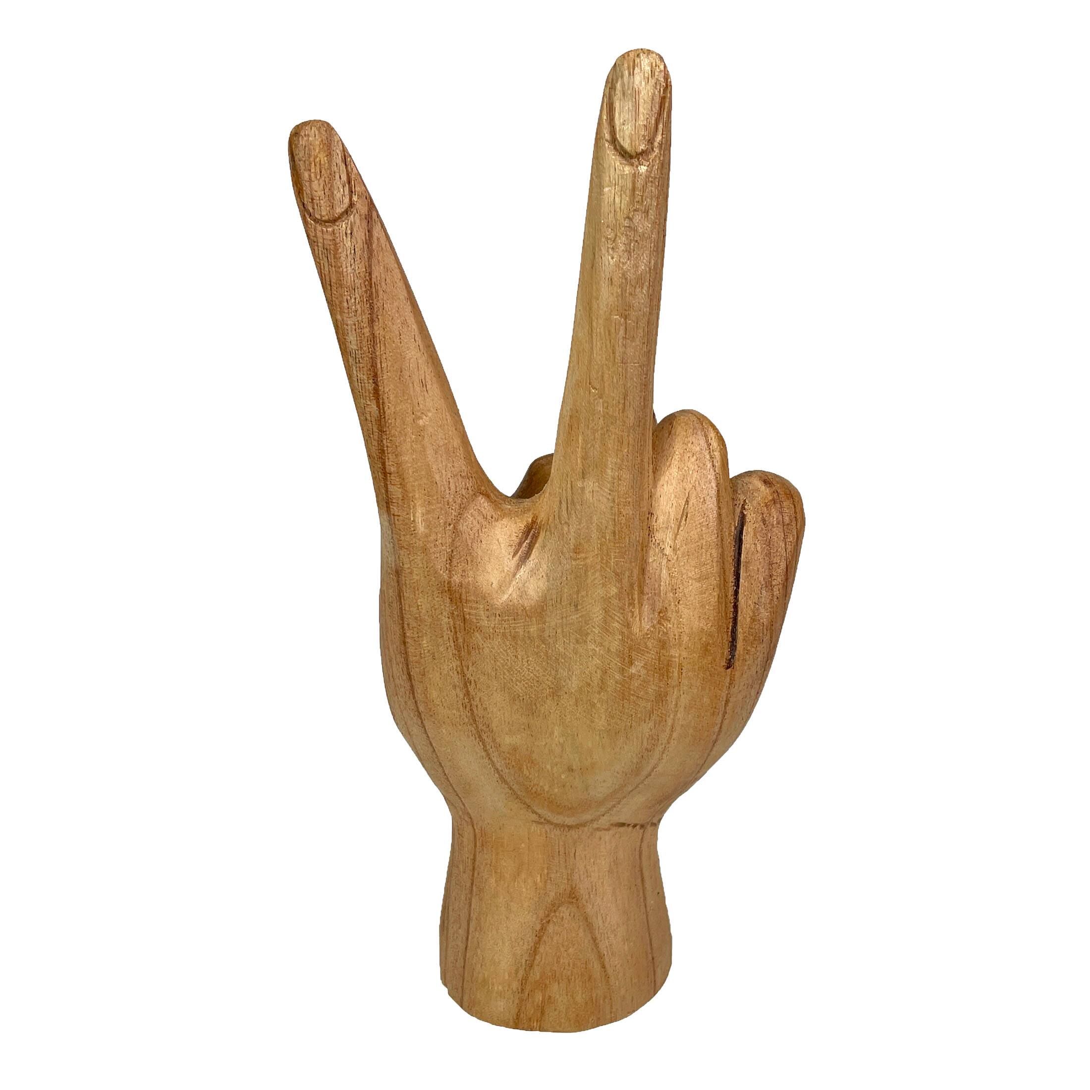 Alt View 8. Zeckos - Carved Wooden Peace Sign Hand Gesture Statue Natural Finish 7.75 Inches High - Brown.