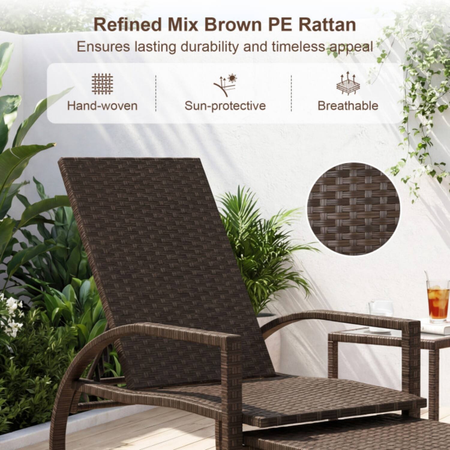 Refined Mix Brown PE Rattan  
Ensures lasting durability and timeless appeal  

- Hand-woven  
- Sun-protective  
- Breathable
