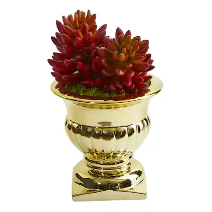 Front. BreeBe - 11" Succulent Artificial Plant in Gold Urn - Red.