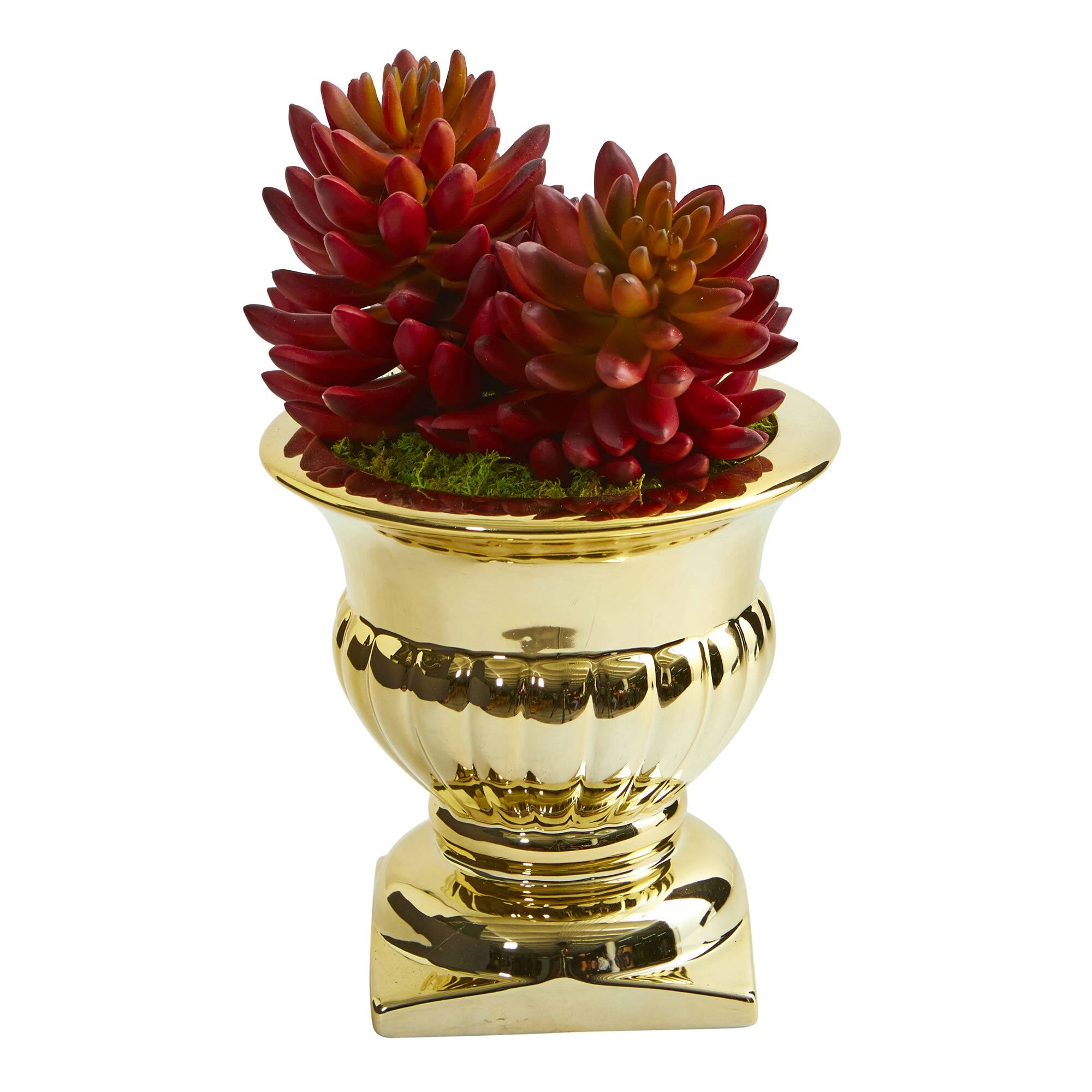 Front. BreeBe - 11" Succulent Artificial Plant in Gold Urn - Red.