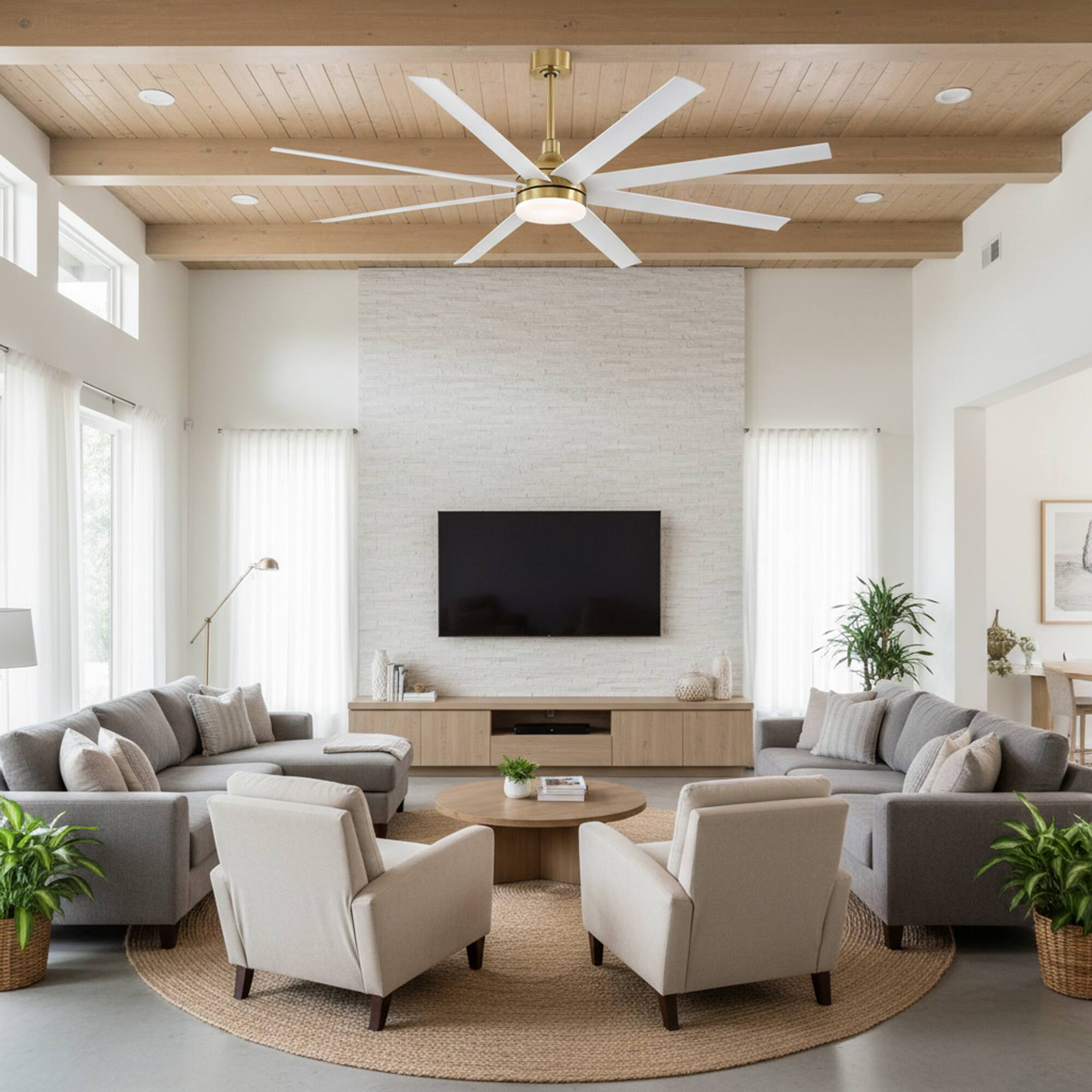 Angle. Breezary - 72-Inch Sleek LED Ceiling Fan with 8 ABS Blades, 3-Color Light, DC Motor, 6-Speed Remote & Timer - 72-inch white and gold.