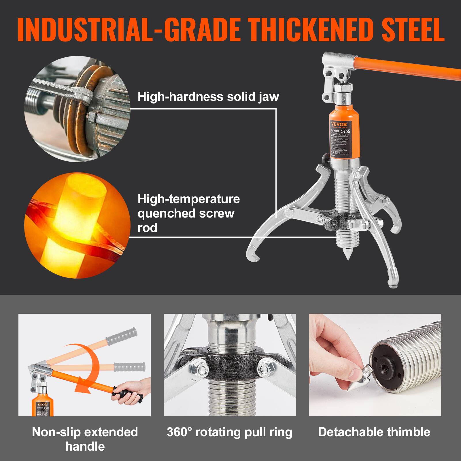INDUSTRIAL-GRADE THICKENED STEEL

- High-hardness solid jaw
- High-temperature quenched screw rod
- Non-slip extended handle
- 360° rotating pull ring
- Detachable thimble